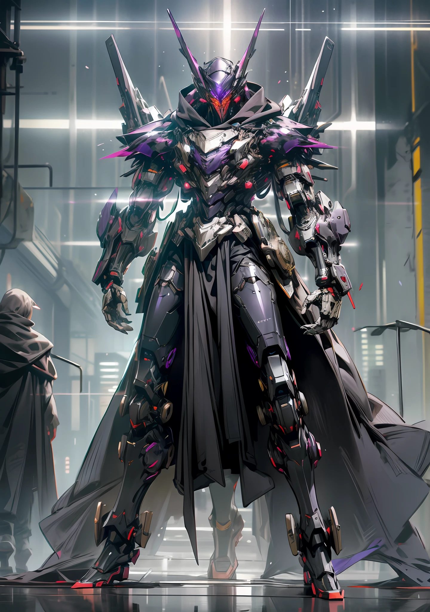 Dark_Fantasy, Cyberpunk, (Black Purple: 1.1), 1 Man, Mechanical Marvel, Robot Presence, Full Body, Armor Dress, Shawl, ((Black Coat)), Glowing Eyes, Mecha Long Skirt,