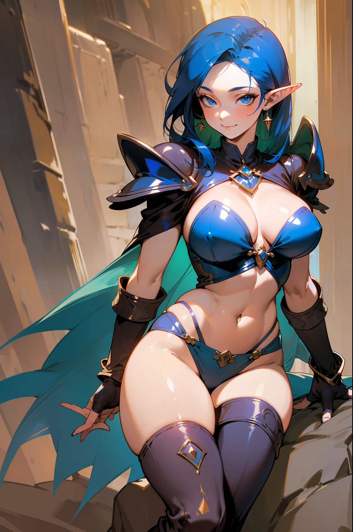 masterpiece, best quality, mature woman, elf, dark blue hair, 80's, smiling, medium breasts, exposed thighs, exposed navel, exposed arms, bikini, big shoulder pad, gloves, cinnamon height boots, can dynamic, in a stone dungeon, dark, nocturnal setting, fantasy, medieval, well detailed brightness.