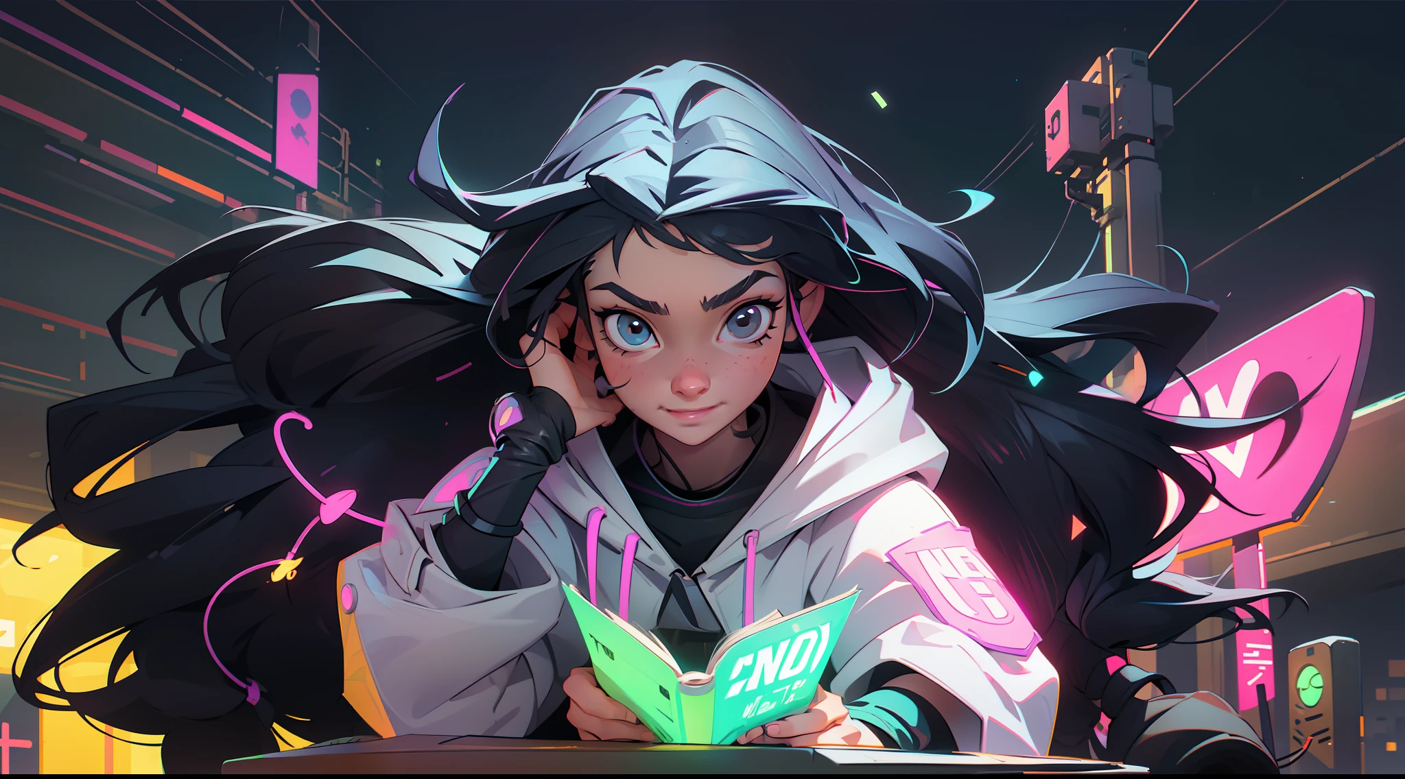 Create a girl with long messy black hair and brown eyes, looking at the bright screen of a notebook, concentrated expression,smiling, gamer,, monitor, night time, good quality, perfect anatomy, 8k, masterpiece, by (Holaxes), long hair, messy hair, neon, headphones, cyberpunk, neon purple, neon yellow, neon blue, cyberwave, best Character Design