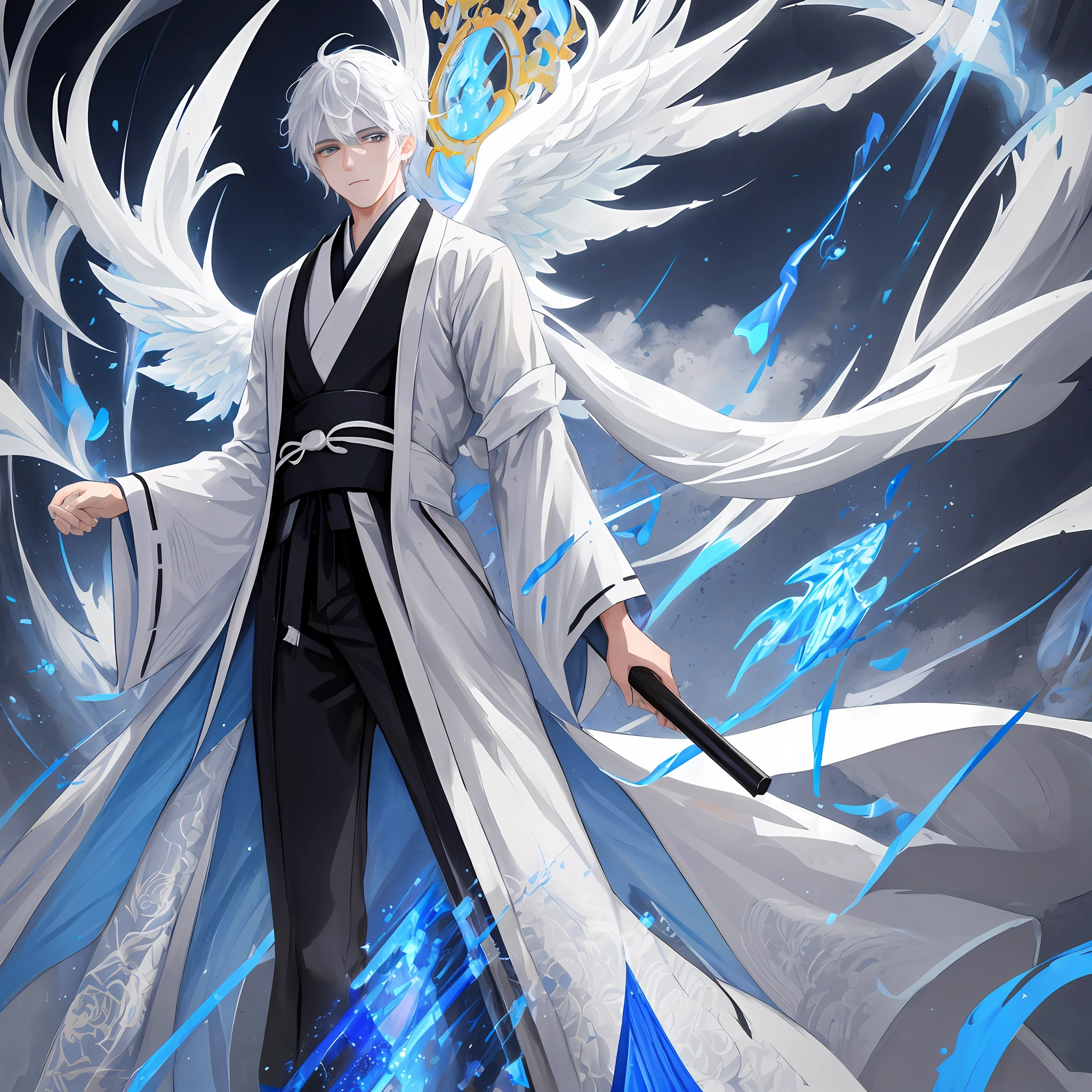 ((masterpiece)), ((best quality)), ((ultra-detailed)), illustration, a young man with white hair and black eyes dressed as an angel, wearing a hanfu and facing straight towards the viewer. The background is a fancy composition of blue fire and rainstorm.