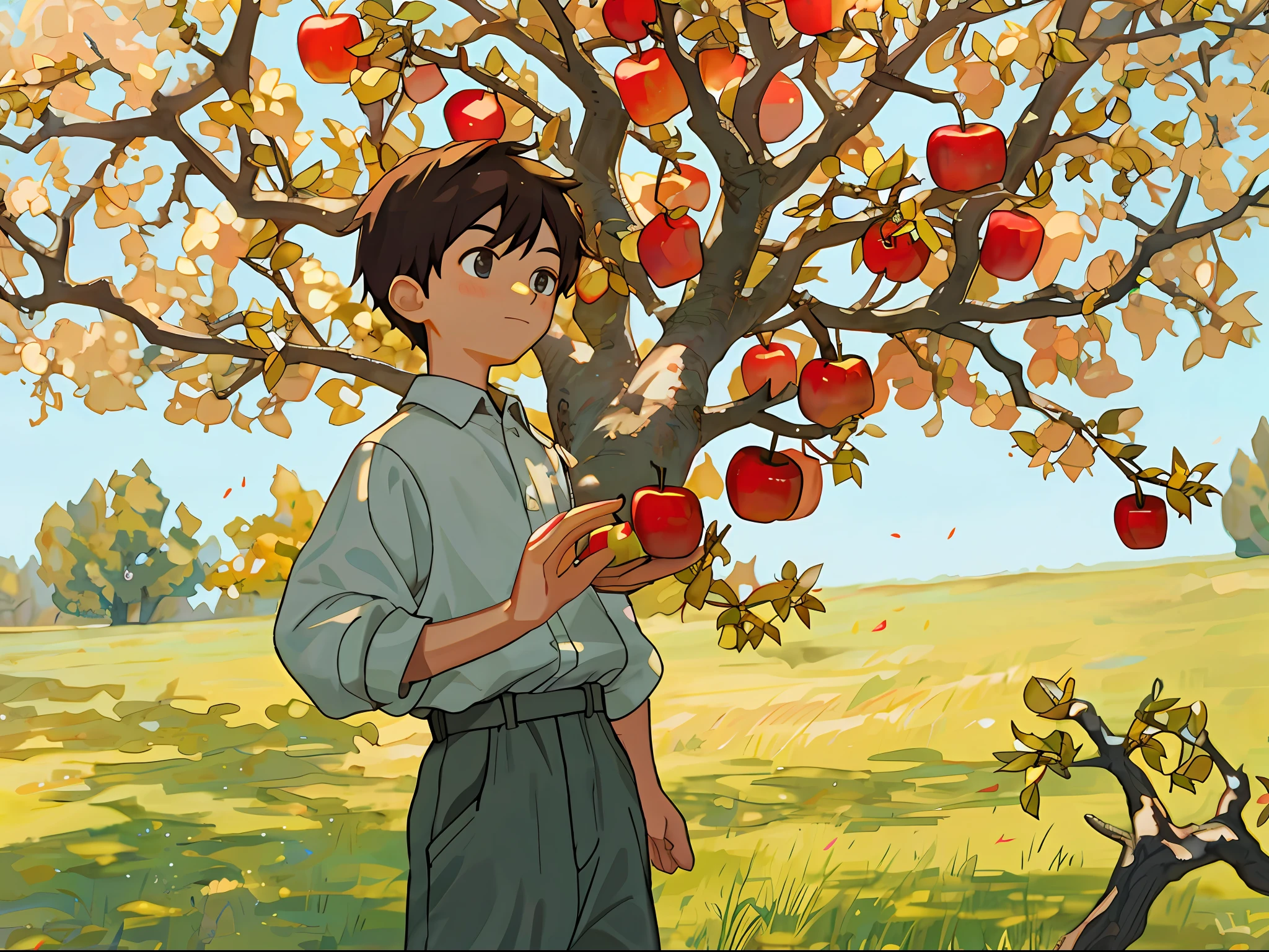 a boy and an apple tree