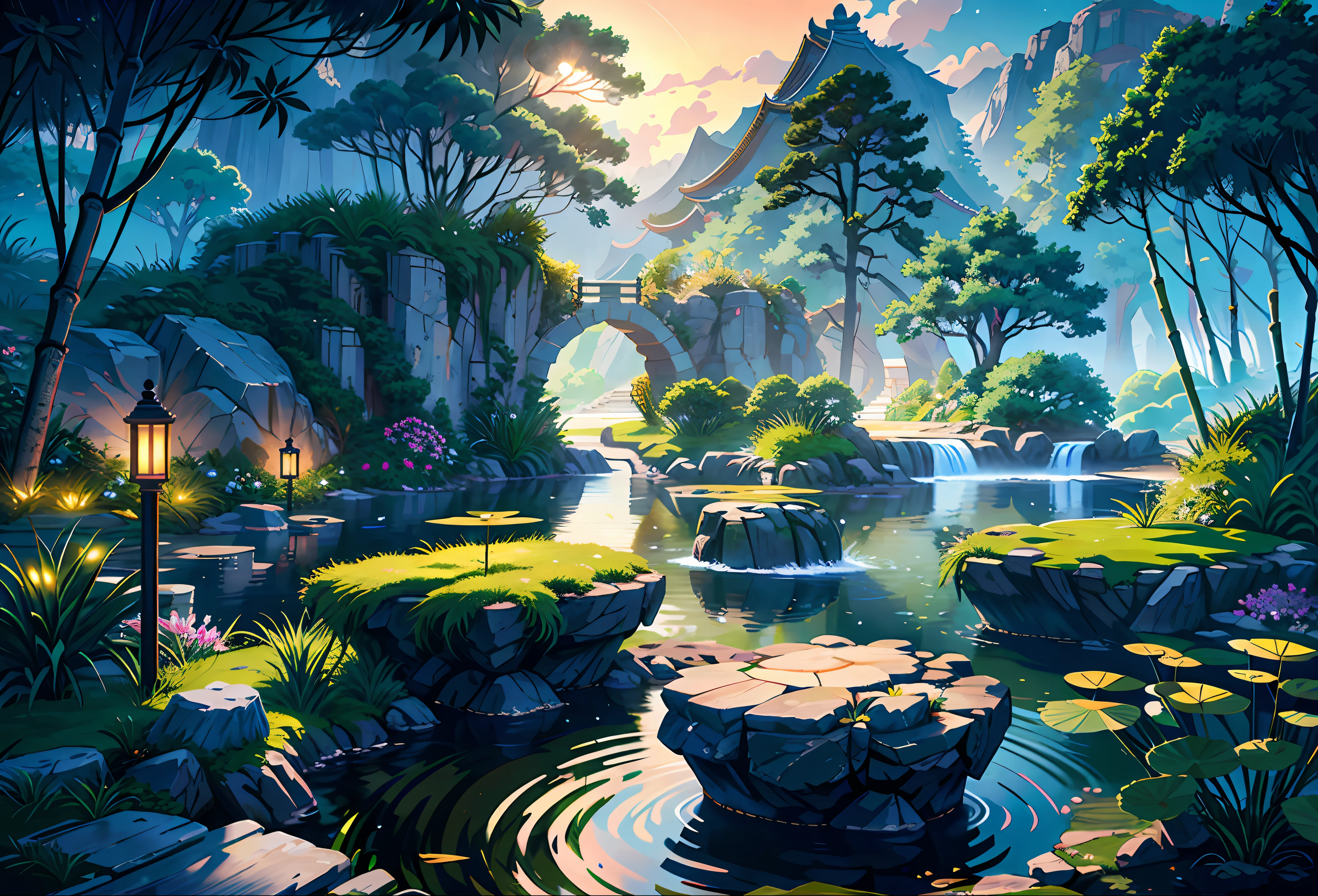 Ancient Chinese architecture, moon, midnight, garden, bamboo, lake, stone bridge, rockery, arch, corner, tree, running water, landscape, outdoor, waterfall, grass, rock, water lily, hot spring, water vapor, (Illustration: 1.0), Epic Composition, Realistic Lighting, HD Details, Masterpiece, Best Quality, (Very Detailed CG Unity 8k) --v 6