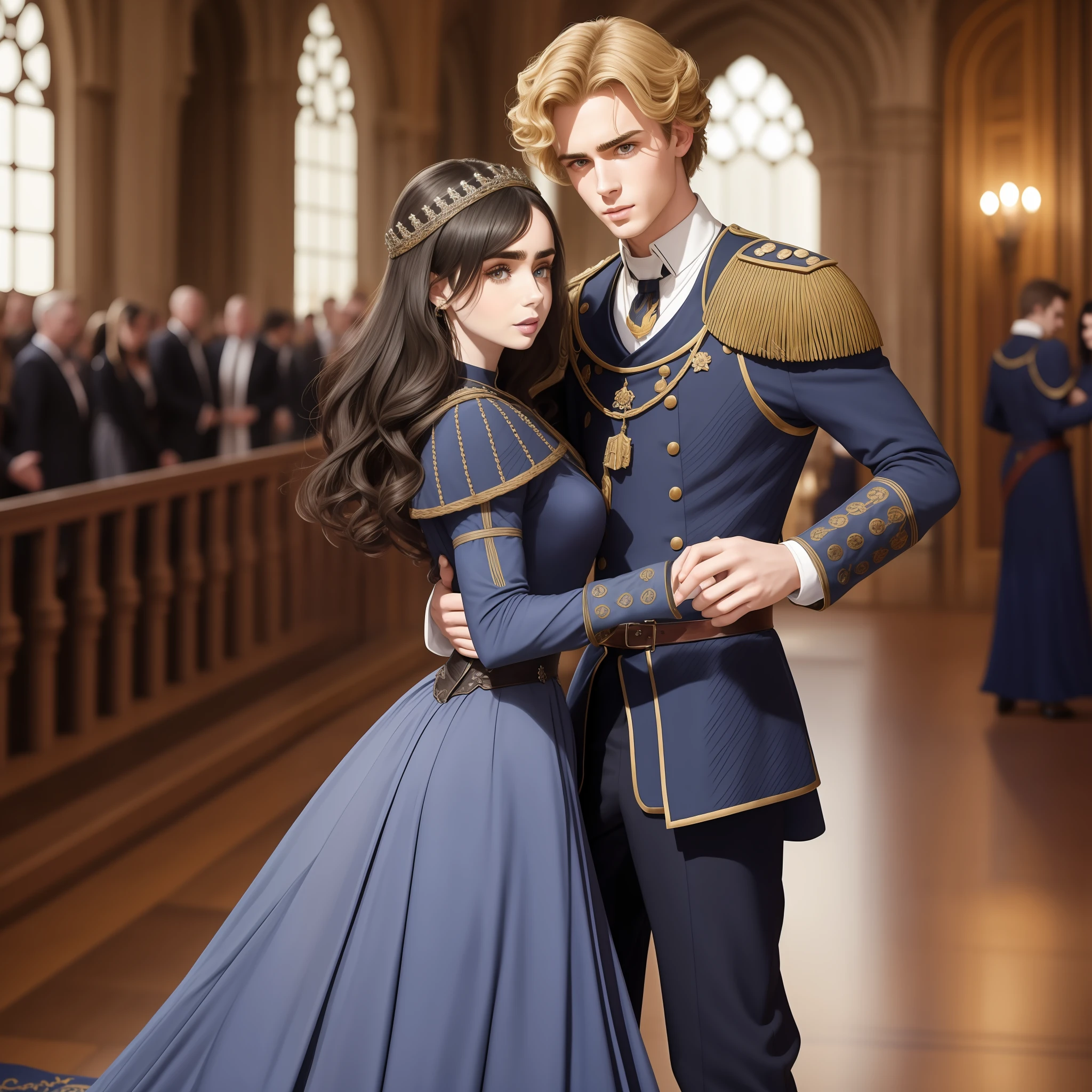 Lily Collins, who has curly black hair, wears a navy blue medieval dress. the Neels Visser wears a medieval military outfit and has blonde hair. The couple is waltzing in the ballroom