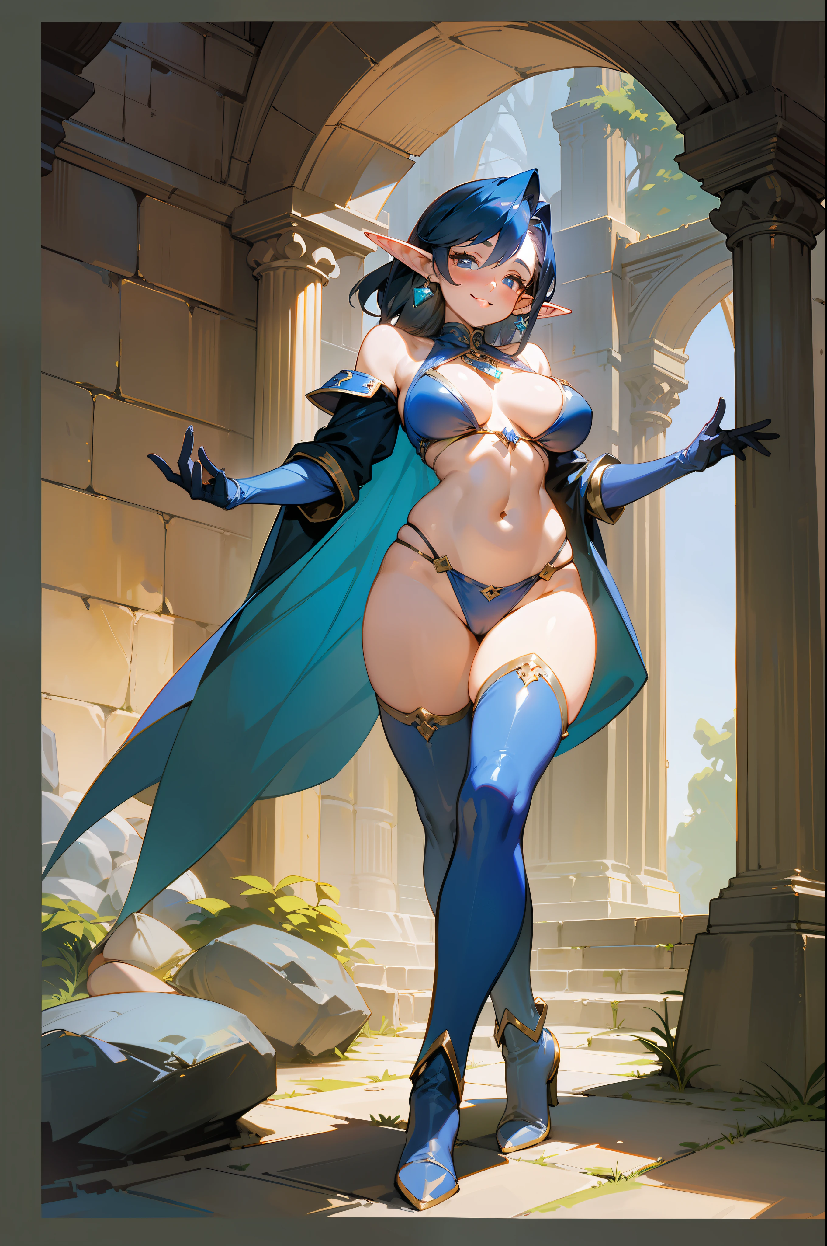 masterpiece, best quality, mature woman, elf, dark blue hair, 80's, smiling, beautiful breasts, exposed thighs, exposed navel, exposed arms, bikini, big shoulder pad, gloves, cinnamon height boots, can dynamic, in a stone dungeon, dark, nocturnal setting, fantasy, medieval, well detailed glow.