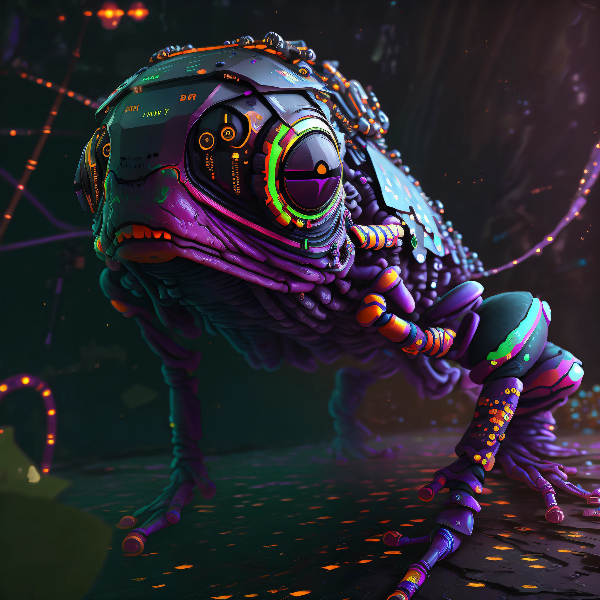 A 3d render of a [frog::creepy alien:8], highly detailed, 8K, stunning, hdr, subsurface scattering, global illumination, cycles, film still, Film-like, bokeh, 3d, RTX, insanely detailed, ornate pattern, fire, embers, ((insect macro)), ((fractal)), volumetric lighting, caustics, 512paintstyle1, Style-Psycho, eonn2, frog