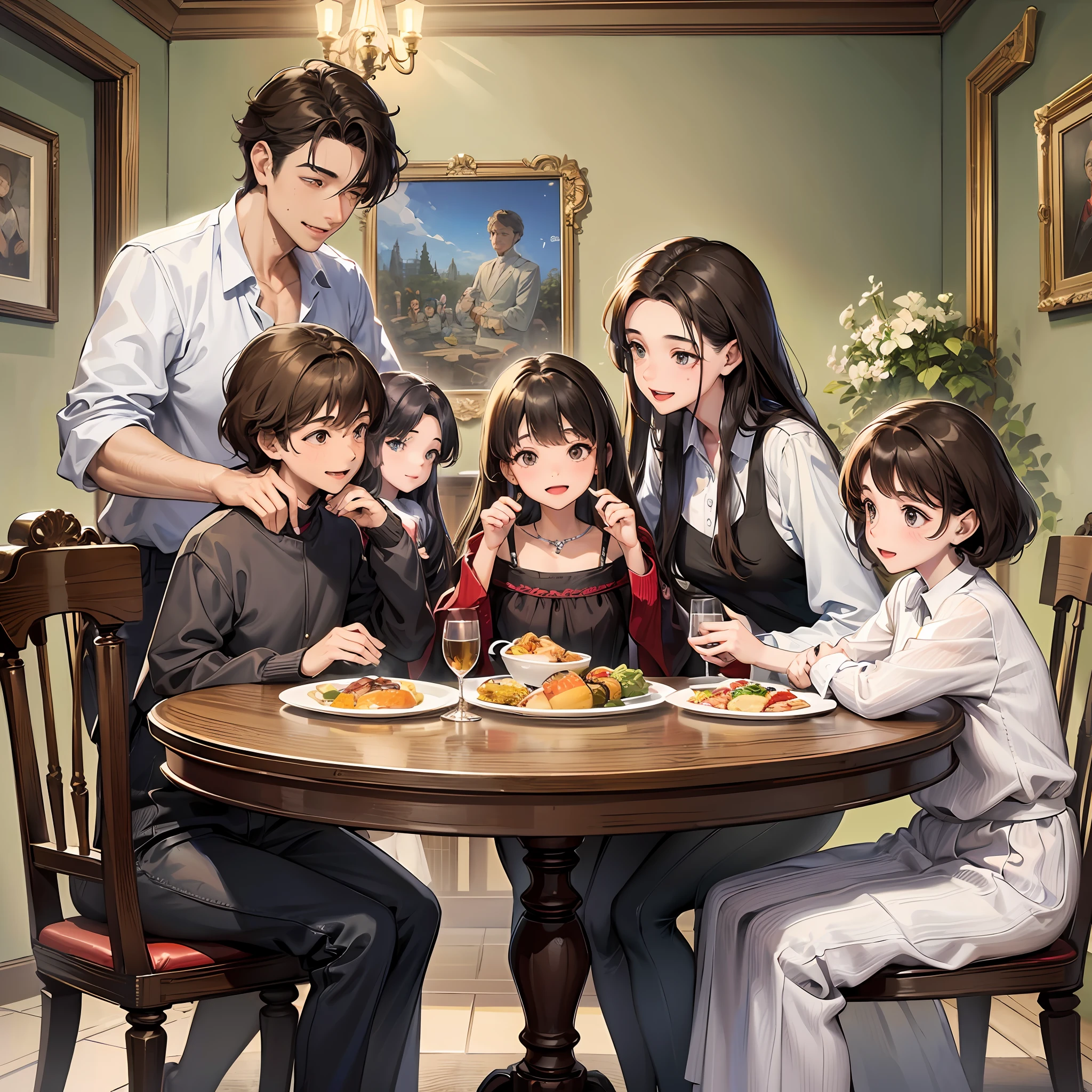 "Draw an illustration of the Pereira family gathered in a welcoming environment. They are sitting around a large table full of delicious food. In the center of the table, there is a beautiful platter with a juicy roast, surrounded by side dishes. Family members are chatting animatedly and sharing laughter, creating an atmosphere of joy and togetherness.

In the family portrait, include the father, mother, and three children. The father, Mr. Pereira, is a middle-aged man with gray hair and a warm smile. The mother, Mrs. Pereira, is a loving and gentle woman with brown hair and an affectionate look. The three children, Peter, Sophie and Joan, are portrayed as happy, playful children.

Also, enrich the scene with small details that reflect the family's interests and hobbies. For example, place a piano in the corner of the room to show that music is a shared passion. Or, if the family loves outdoor activities, add bikes or tennis rackets around the room.

Be sure to portray each family member with expressions of love and happiness, showing the love and mutual support that unites them. Capturing the atmosphere of warmth and affection is key to conveying the importance of the Pereira family and the happiness they feel when they are together."

From this prompt, you can create a beautiful image that depicts the Pereira family gathered in a moment of unity and happiness. anime style --auto --s2