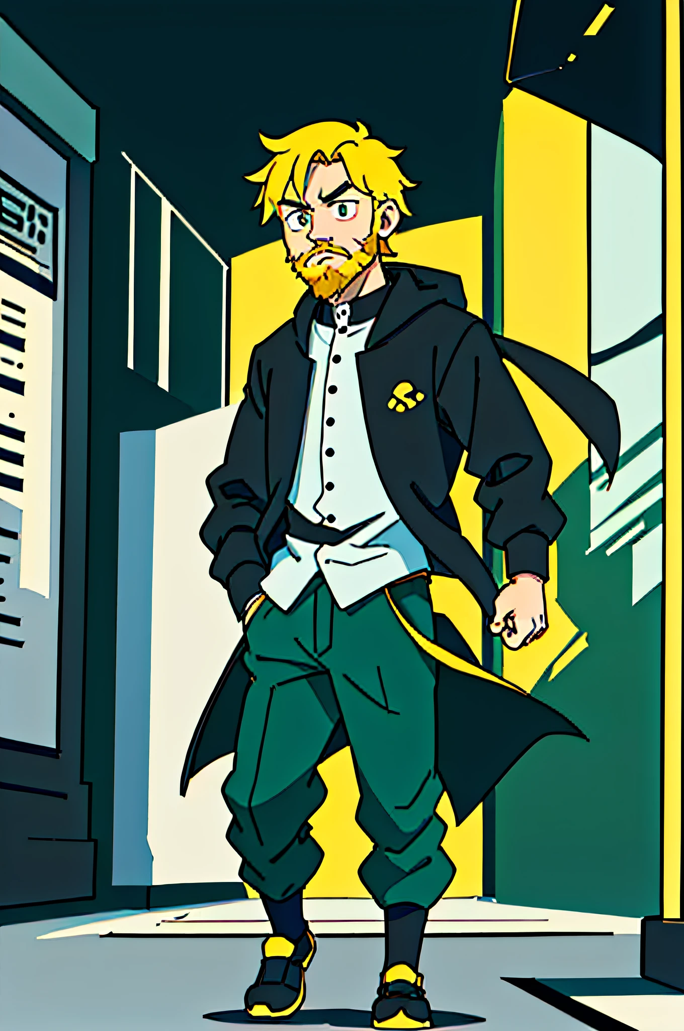 (best quality: 0.8), (best quality: 0.8), anime illustration, portrait in close, boy boy, alone, yellow hair, yellow beard, blonde hair and beard of the same color, walking around town flat 2d, green eye, cute, black dark clothes, black clothes especially serious, full body,