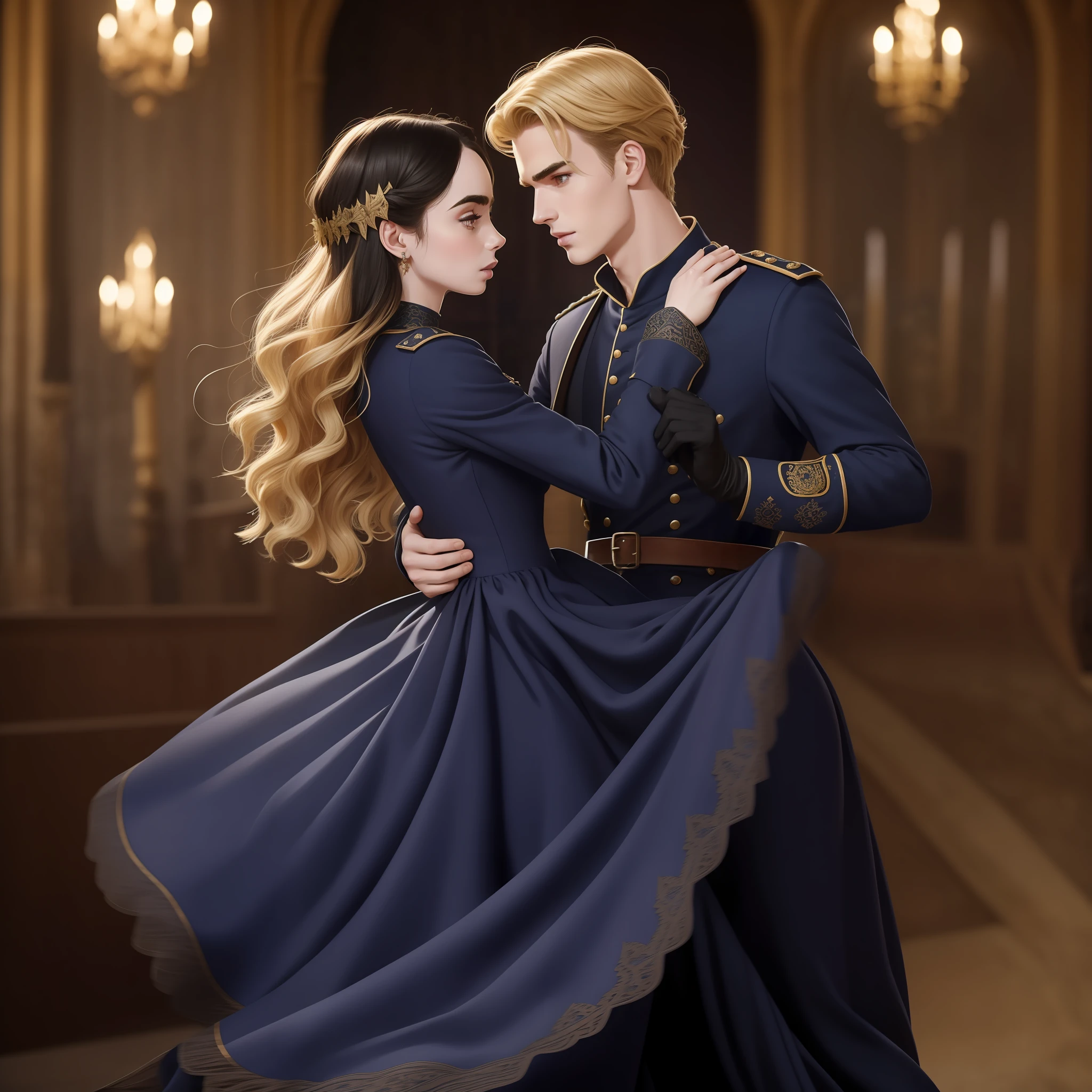 Lily Collins, who has curly black hair, wears a navy blue medieval dress. the Neels Visser wears a medieval military outfit and has blonde hair. The couple is waltzing in the ballroom