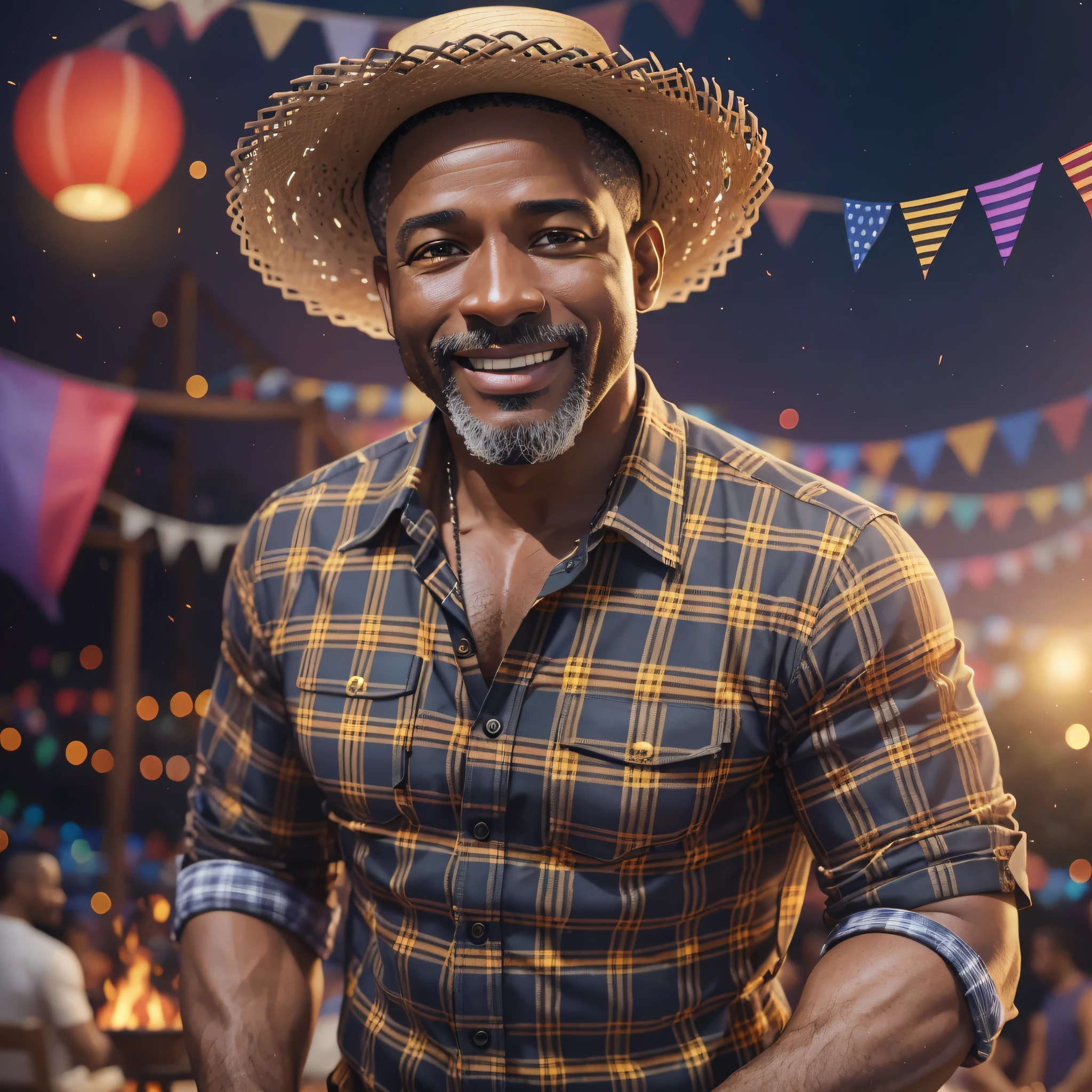 8k, hyper realistic photo, attractive, highly detailed, a 45-year-old black man smiling, June party, wearing a straw hat and plaid shirt, colorful June party flags, bonfire in the background, cinematic scene, rendering, dramatic lighting, award-winning quality --auto --s2