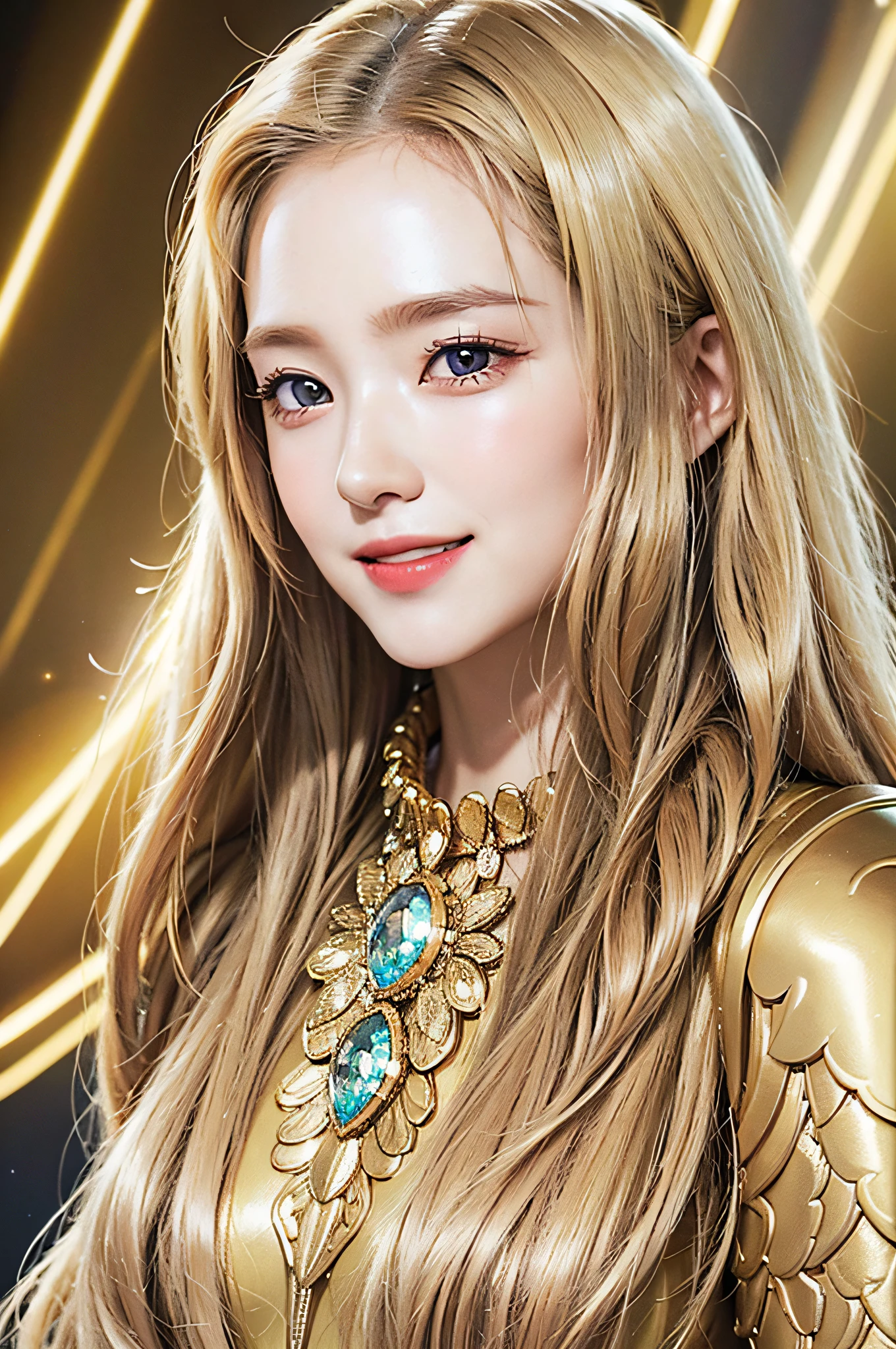 Golden diamond armor, long blonde hair, golden pupils, golden light background, golden transparent wings, diamond texture, smiling, golden eyes, flashing golden notes around, maiden, golden starlight, dazzling