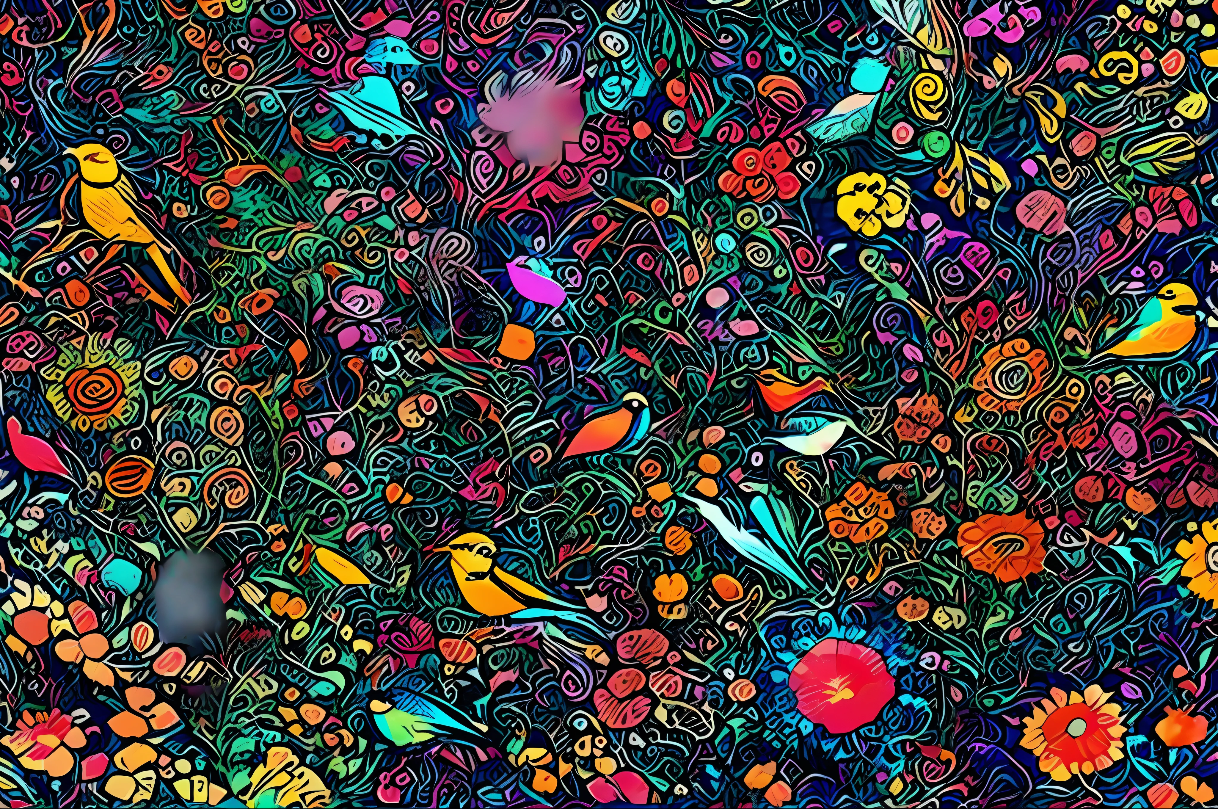 a close up of a colorful pattern with birds and flowers, neon floral pattern, intricate vibrant colors, seamless pattern design, colorful patterns, intricate colorful, extremely colorful, whimsical and psychedelic, colorful - patterns, floral flowers colorful, colorful and vibrant, with colourful intricate, bright psychedelic color, vibrant and colorful, very colourful, highly intricate and colorful, pattern art, colorful and psychedelic