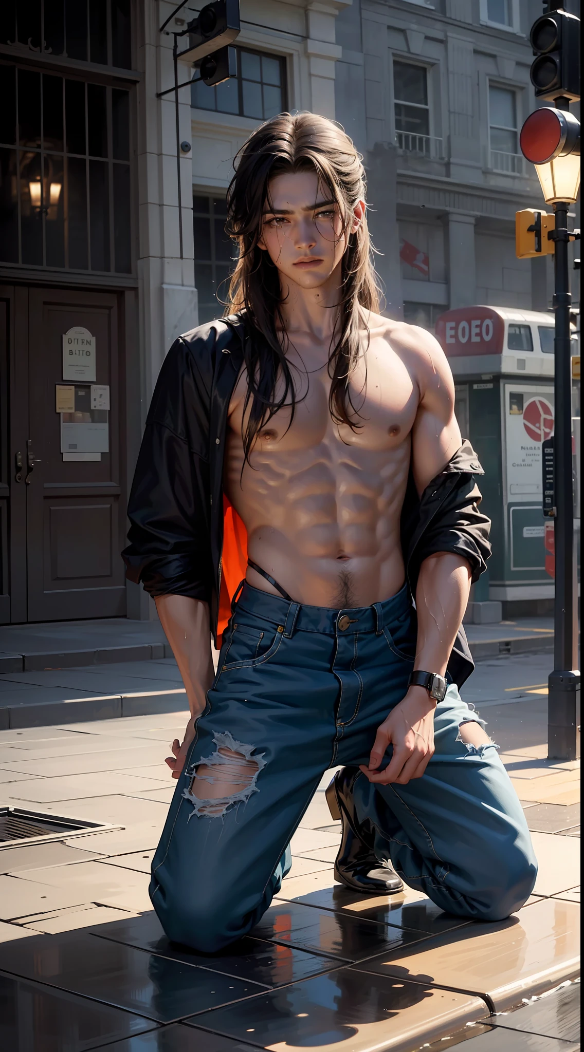 Best Quality, Masterpiece, Ultra High Resolution, (Fidelity: 1.4), Photos, 1 Handsome Long Hair (((Boy)))), Dim, Darkness, Lightning, Despair, Pathese, Movie, Tears, Teardrops, ((Men)), (Torn Clothes: 1.5), (Wet Clothes: 1.4), Kneeling on the Ground, Saving Yourself, Biting Lower Lip, Bare Shoulders, Real Rain, Wet Hair, (((Men)))