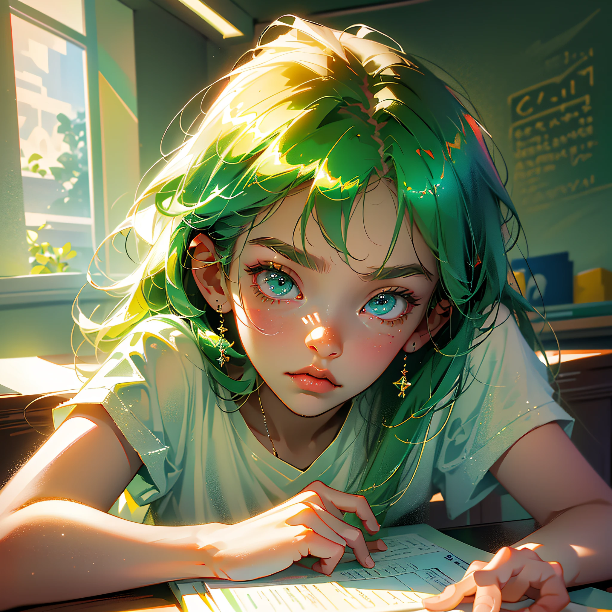 (best quality, masterpiece: 1.1), (realistic: 1.4), male boy light hair green eyes 6 years old with white t-shirt with logo print, with a classmate beautiful girl, classroom, image type cartoon manga, studio --auto --s2