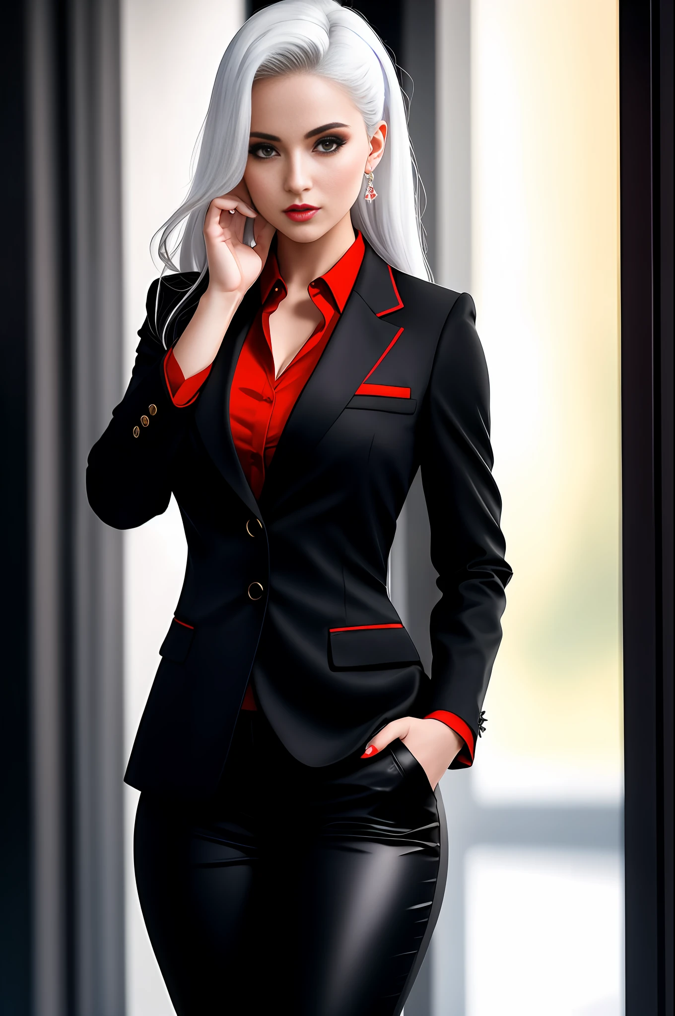 Best quality, masterpiece, high resolution, 1 young woman Albina, dressed in black choir pants and jacket,red blouse,white hair, beautiful face, physique, Tyndall effect, realistic, dark studio, rim lighting, duotone lighting, (high detail skin: 1.2), 8k uhd, DSLR, soft light, high quality, volumetric light, stealth shot, photo, high resolution, 4k, 8k, bokeh
