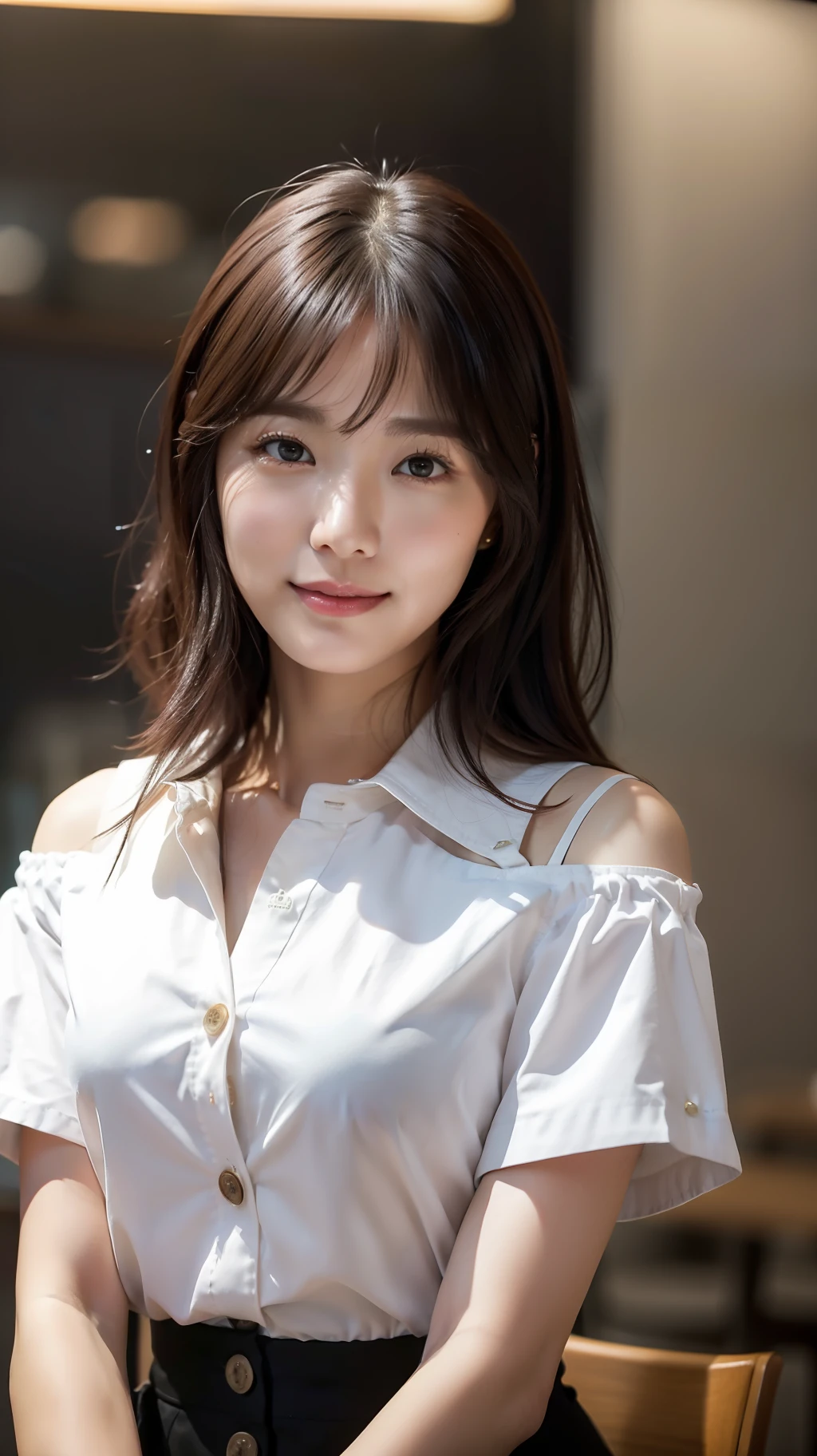 realistic photos of (1 cute Korean star) Shoulder-length hair, thin makeup, medium breasts size, slightly smile, rest one's chin on one's hands, wearing white short sleeve shirt with buttons, and black skirt, at the coffee house, cut-in, emphasis lines, foreshortening, cinematic lighting, UHD, high details, 16k