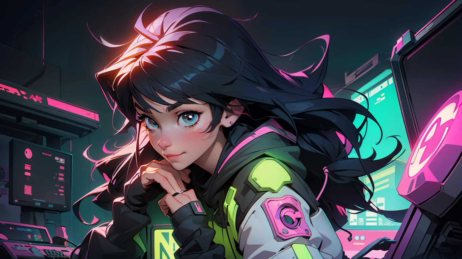 Create a girl with long messy black hair and brown eyes, looking at the bright screen of a computer, concentrated expression,smiling, gamer,, monitor, night time, good quality, perfect anatomy, 8k, masterpiece, by (Holaxes), long hair, messy hair, neon, headphones, cyberpunk, neon purple, neon yellow, neon blue, cyberwave, best character design