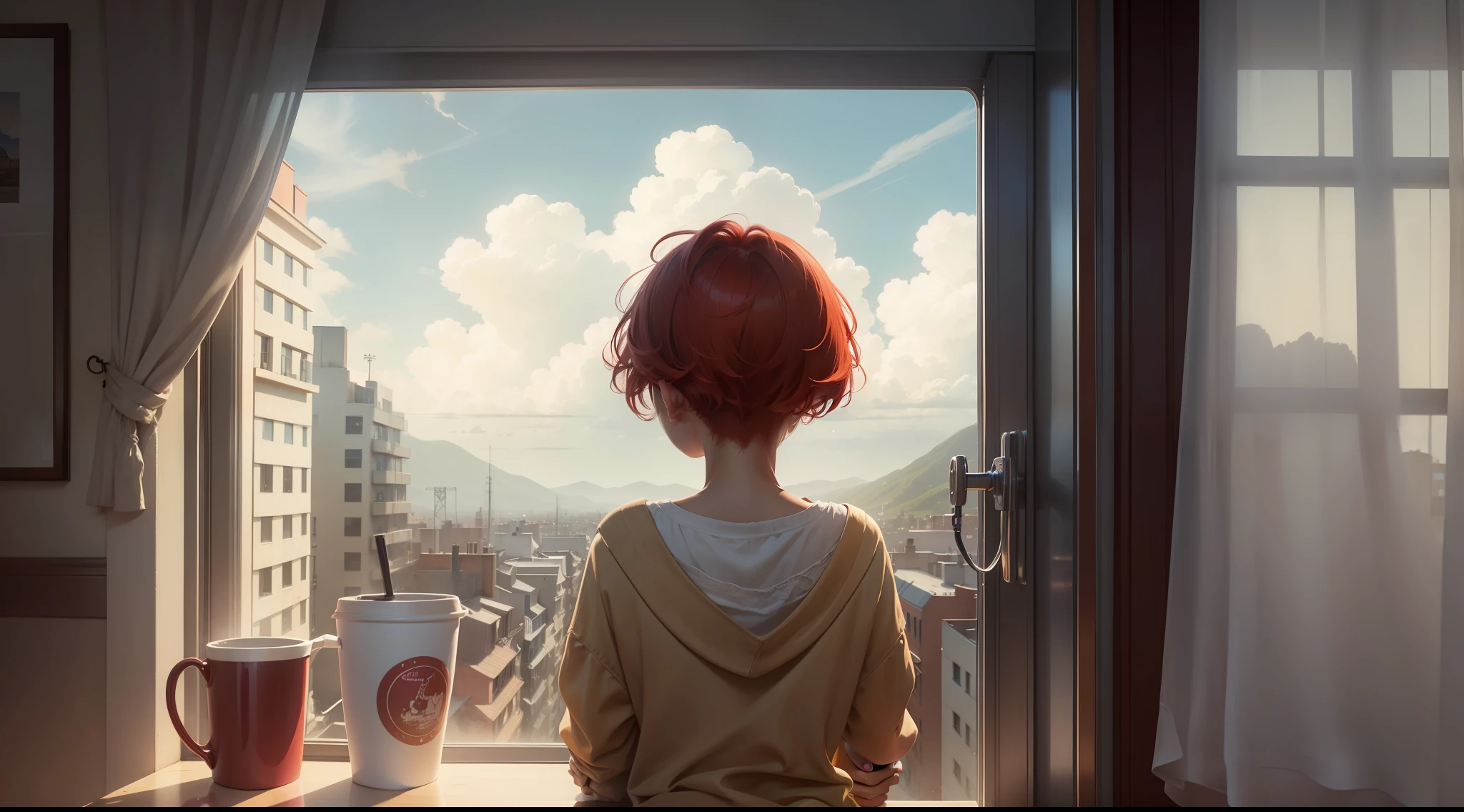 "View from the back of a -yeld giwith short, red hair wearing only a pair of panties, sipping coffee looking out the window