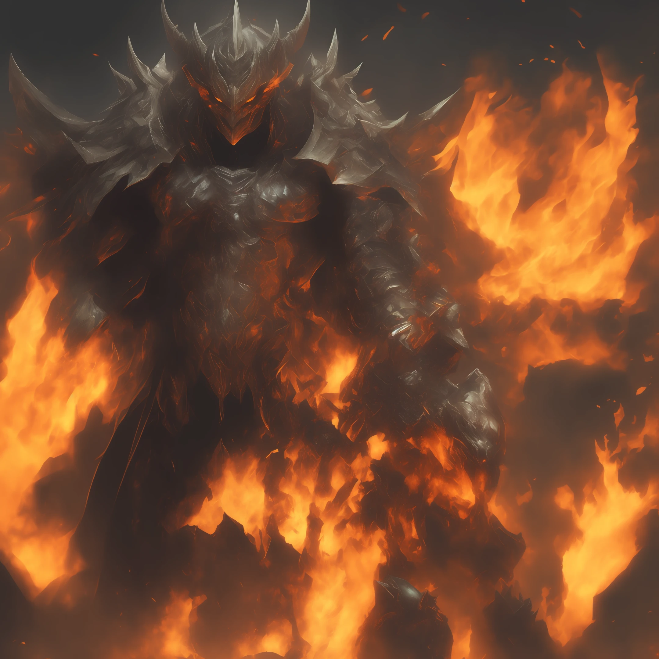 A male demon wearing full armor for war, in fire, 8K, wings