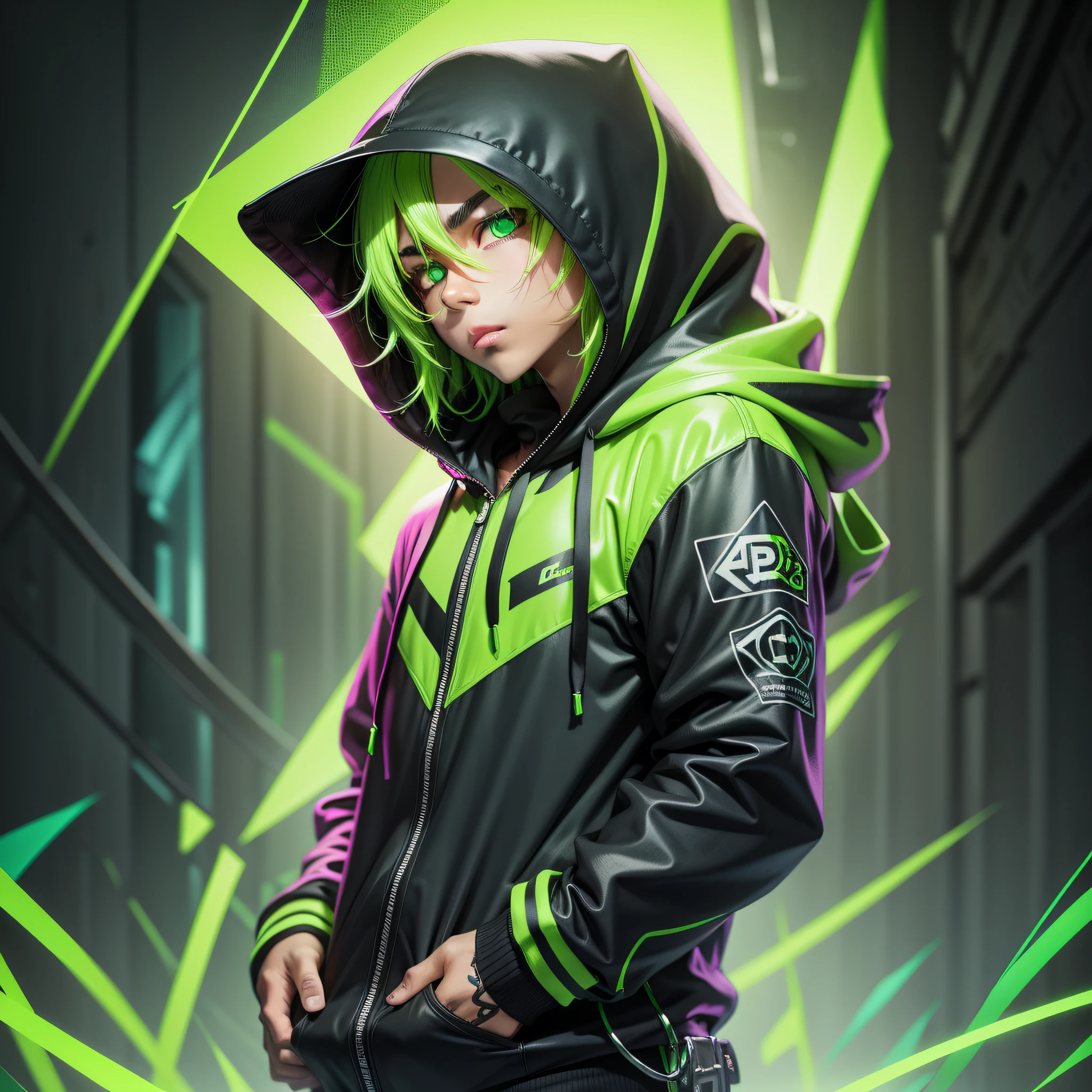 Male Hooded Character CiberPank Neon Green with Green Neon Eyes --auto --s2