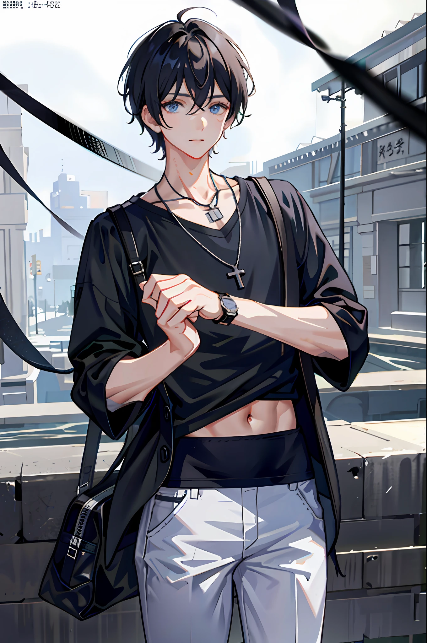 1boy, bag, bangs, belly, black hair, black shirt, blue eyes, hair between eyes, jewelry, leaves, looking at viewer, male focus, necklace, pants, shirt, solo, watch, white pants, watch, messy hair, trending in artstation, 8k resolution, highly detailed and anatomically correct, sharp images, digital painting, concept art, Trending on pixiv,