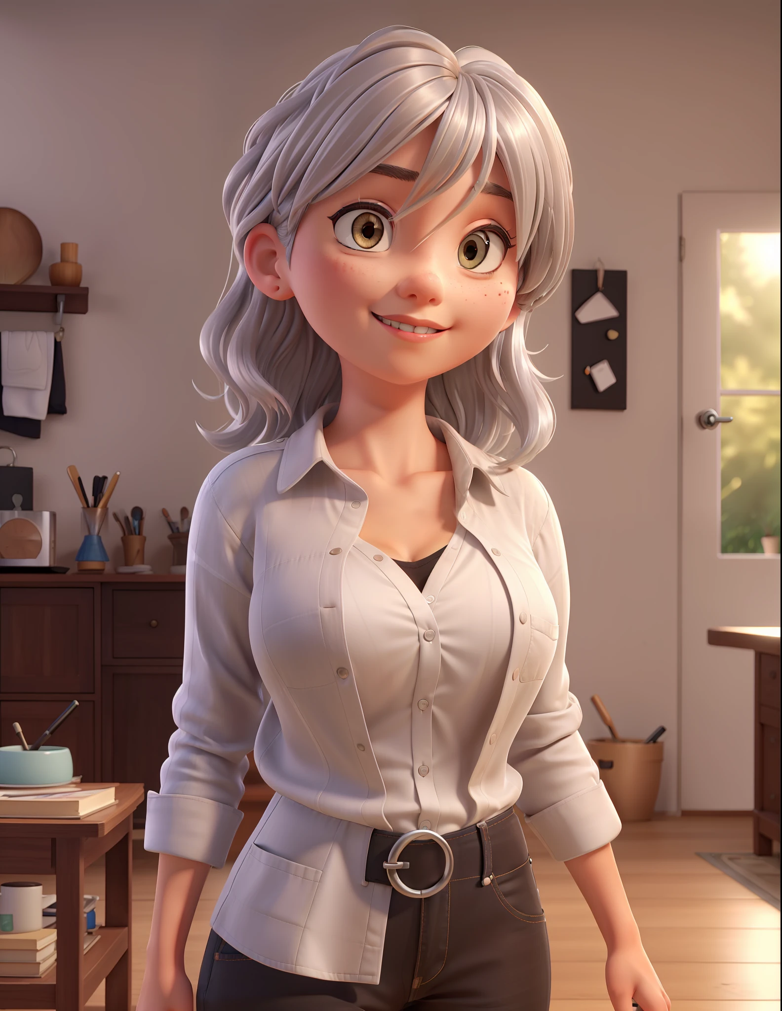 Big tits, 1girl,at home, brown eyes, black hair,(extremely detailed CG unity 8k wallpaper), (masterpiece), (best quality), (ultra-detailed), (best illustration), (best shadow), ultra-high res, (photorealistic:1.4), ((very oversize shirt, buttoned shirt, open shirt)), (man shirt), no bra, collarbone, no panties, (big breasts:1.2), (light silver hair:1.2), looking at viewer, light smile, upper body, makeup