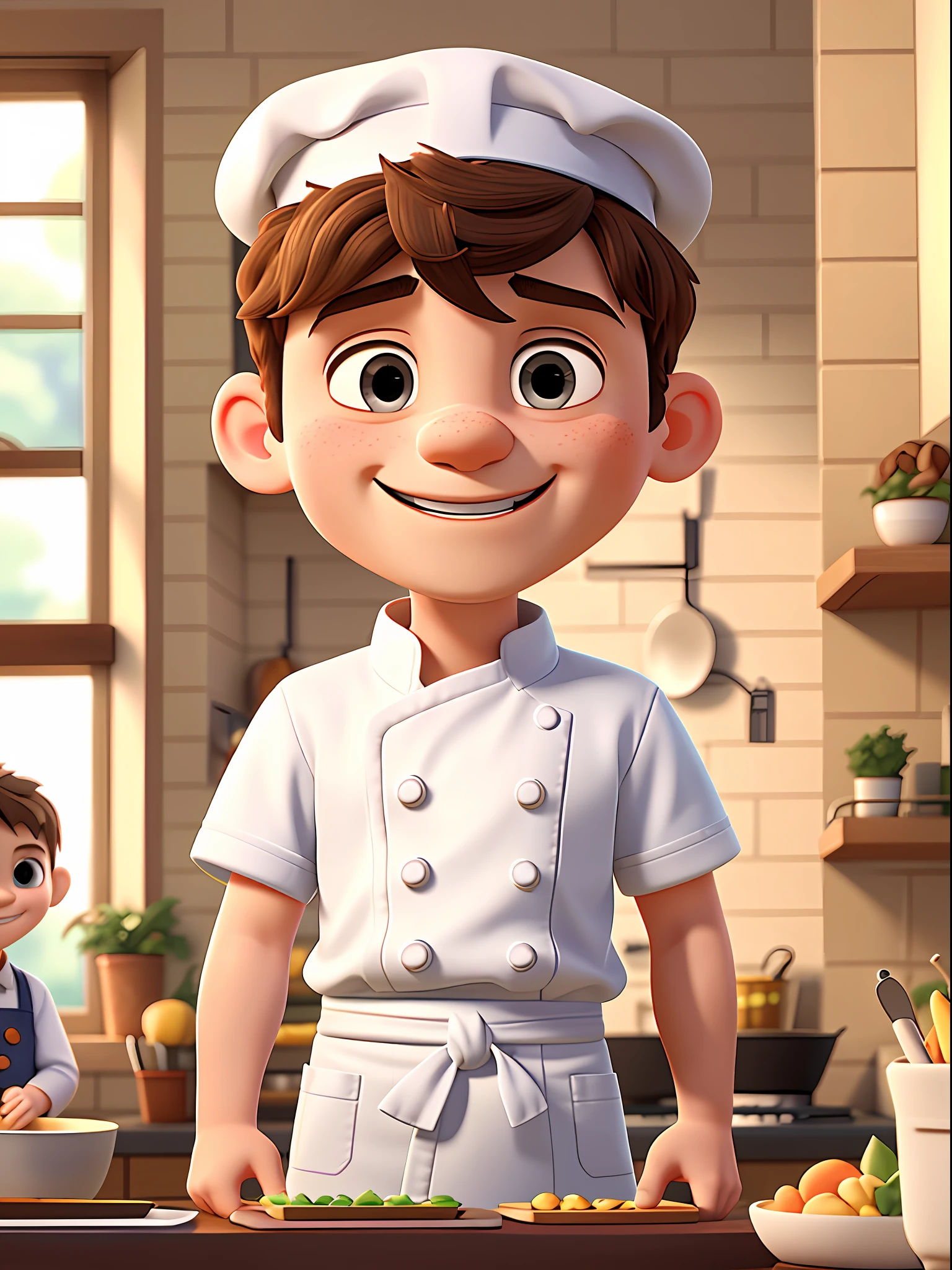 Portrait of a 3-year-old boy in white cook's outfit, chef's hat, half body, looking at the viewer, smiling, chibi style, kitchen scenery, blurry background, depth of field, detailed, cartoon, drawing with strokes of designer alex ross, unreal engine, 8k