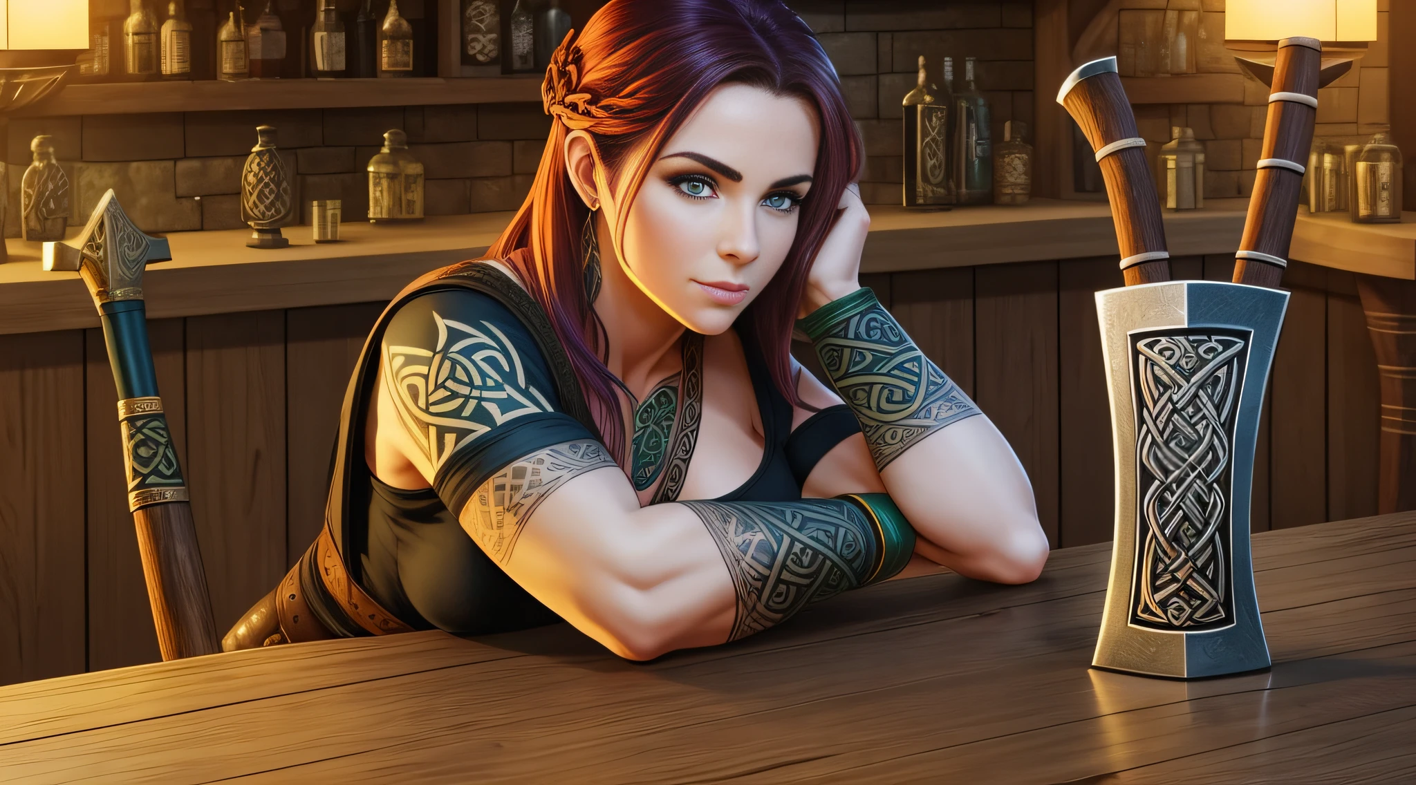 A very beautiful woman, a Celtic warrior, holding a Celtic axe, leaning on the table of an ancient tavern, black clothes, Celtic tattoos for the body. Cartoon style, colorful, two-dimensional