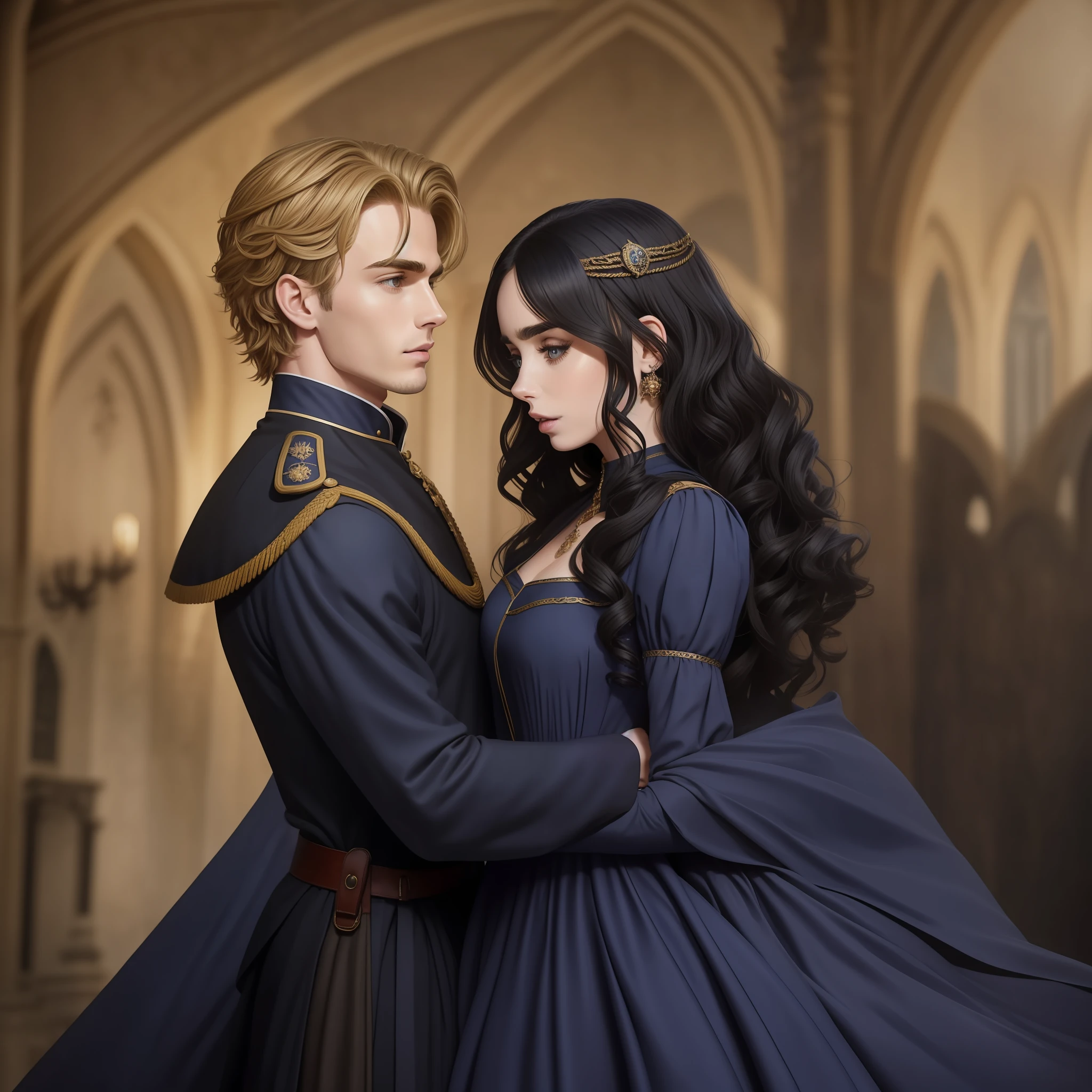 Lily Collins, who has curly black hair, wears a navy blue medieval dress. the Neels Visser wears a medieval military outfit and has blonde hair. The couple is waltzing in the ballroom