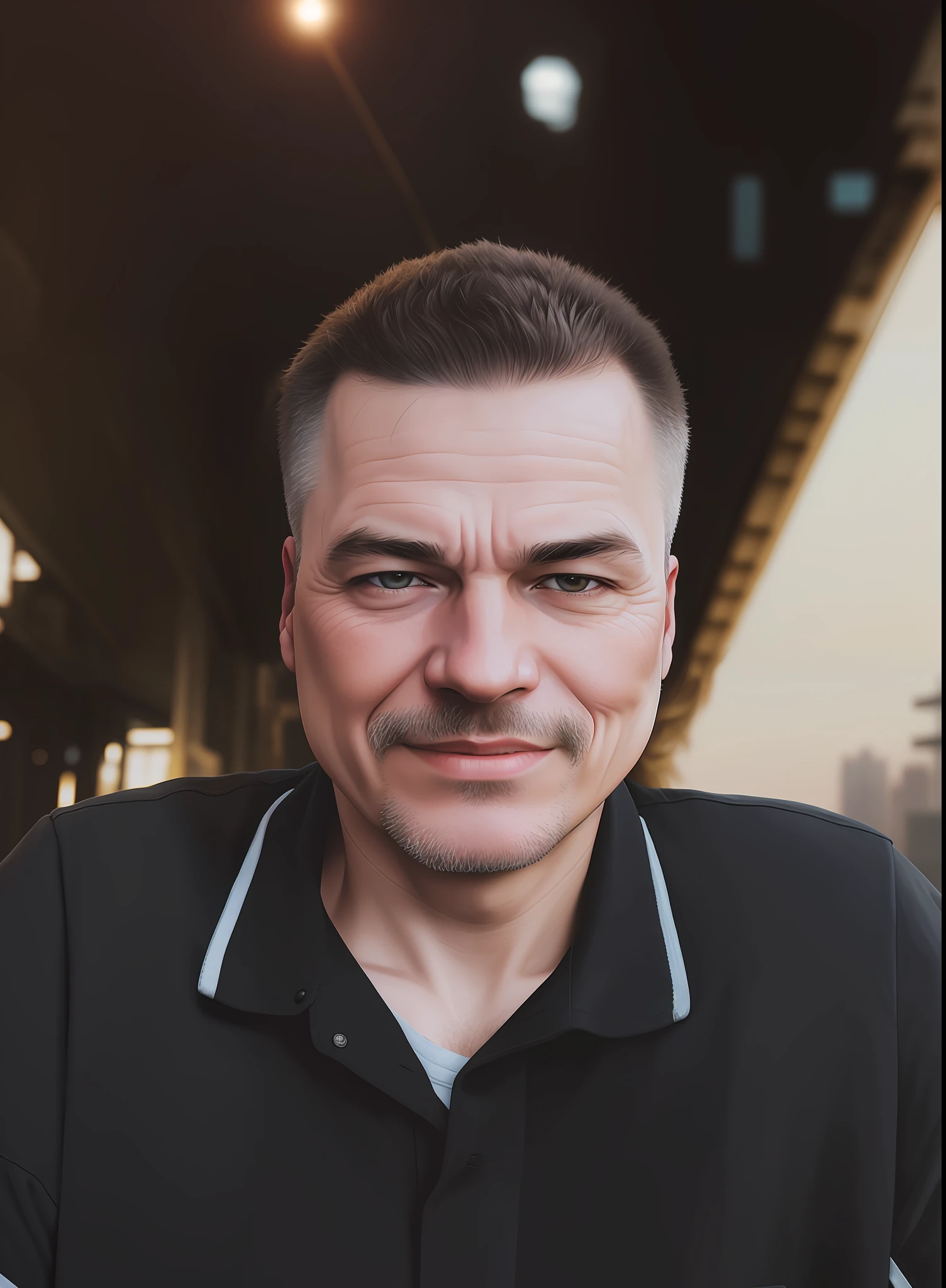 RAW photo, a close up portrait photo of brutal 63 y.o man in wastelander clothes, long haircut, pale skin, slim body, background is city ruins, (high detailed skin:1.2), 8k uhd, dslr, soft lighting, high quality, film grain, Fujifilm XT3