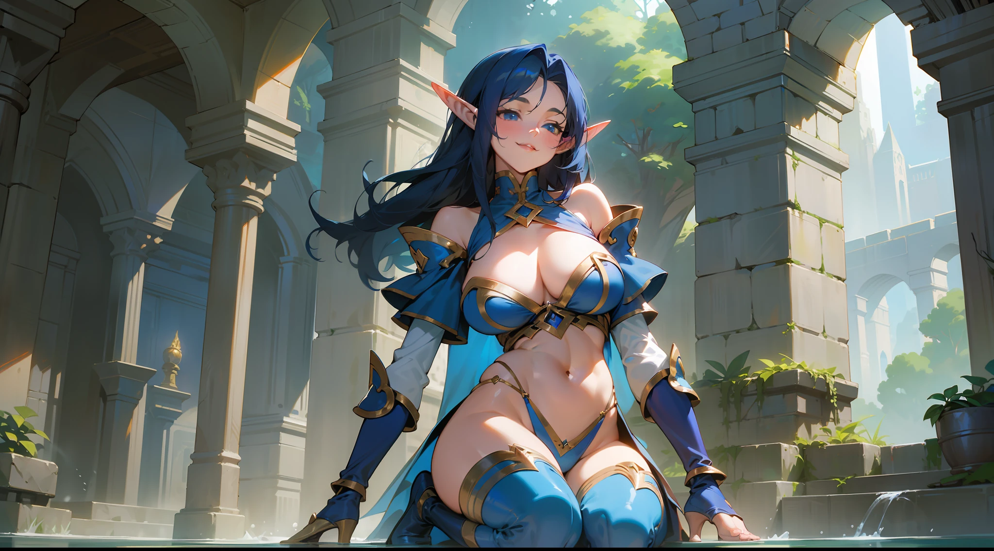 masterpiece, best quality, mature woman, elf, dark blue hair, 80's, smiling, medium breasts, exposed thighs, exposed navel, exposed arms, bikini, big shoulder pad, gloves, cinnamon height boots, can dynamic, in a stone dungeon, dark, nocturnal setting, fantasy, medieval, water magic, well detailed brightness.