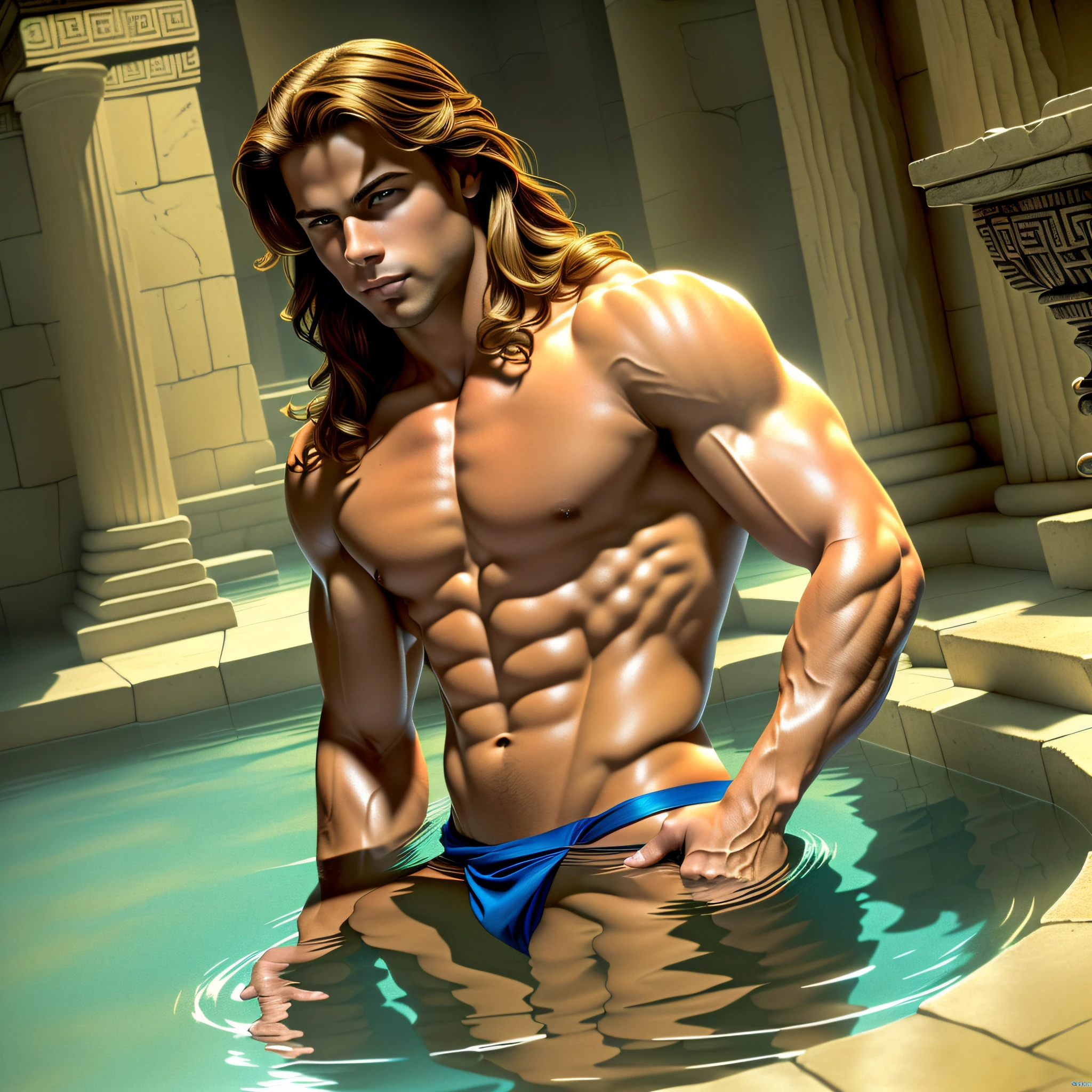 1boy, solo, Beautiful mythological young classical mythology demigod, (super buff and cool), (perfect narrow waist), (cumgutters), (perfect tan skin), with chestnut hair that flows like a stallion's mane, Boyishly handsome face (Cody Calafiore+(Joey Lawrence as Joey Russo)), clean shaven, in a temple (greek key, cannabis plants, water), (white cloth), extremely detailed, amazing, fine detail, flawless anatomy, unrealengine, best quality, 8k uhd, masterpiece in the style of Maxfield Parrish+N C Wyeth, Neo-classical, water, reflecting light, dreamy and soft