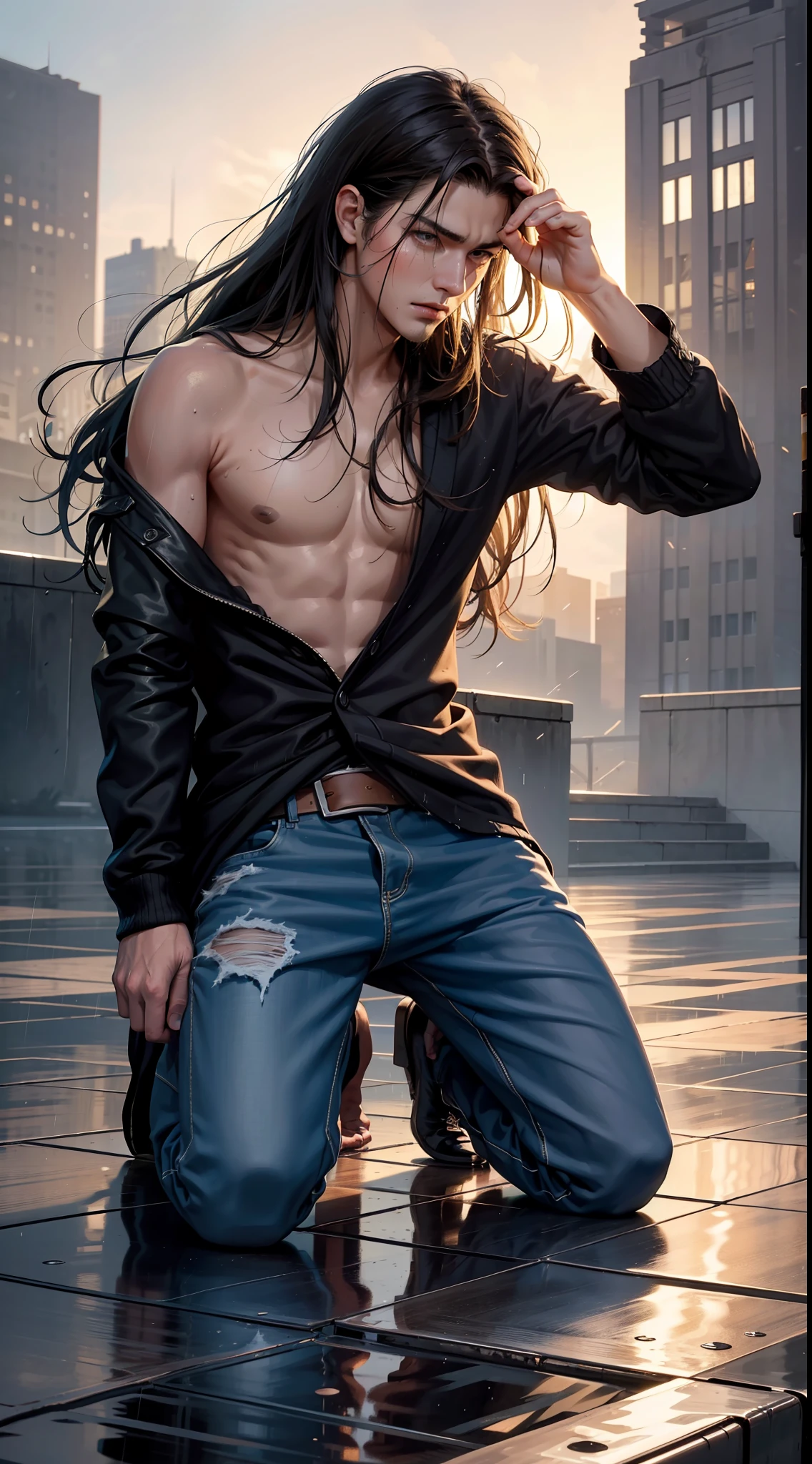 Best Quality, Masterpiece, Ultra High Resolution, (Fidelity: 1.4), Photos, 1 Handsome Long Hair (((Boy)))), Dim, Darkness, Lightning, Despair, Pathese, Movie, Tears, Teardrops, ((Men)), (Torn Clothes: 1.5), (Wet Clothes: 1.4), Kneeling on the Ground, Saving Yourself, Biting Lower Lip, Bare Shoulders, Real Rain, Wet Hair, (((Men)))