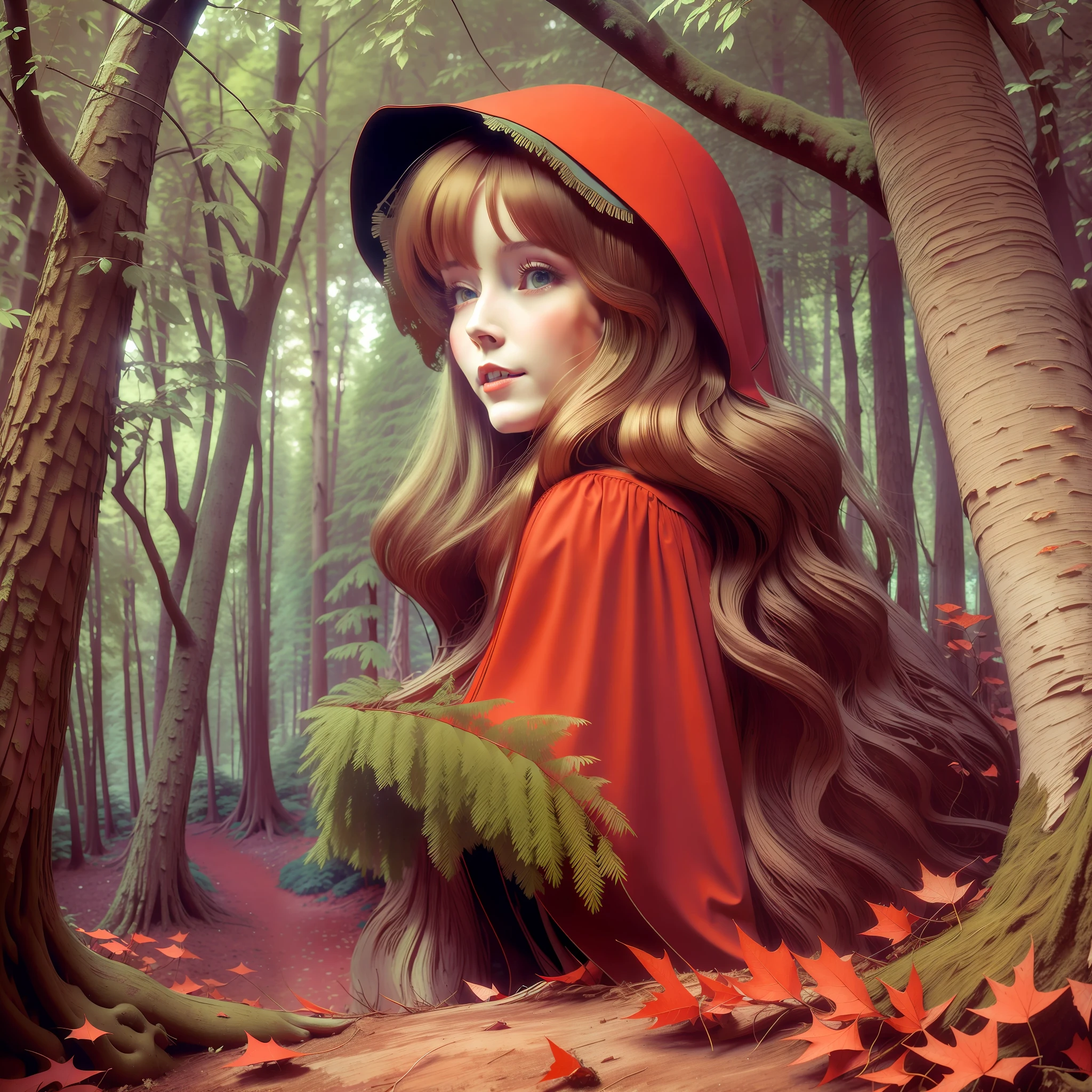 (masterpiece), high quality, incredibly detailed illustration, Little Red Riding Hood approaching the forest (foreground), magical atmosphere, dense landscape, fallen leaves, twisted trunks (background), soft light, intentional blurring, vivid shades of red, ["there she goes smiling and singing, so beautiful, she's Little Red Riding Hood" patterned]: 0.3, realistic.