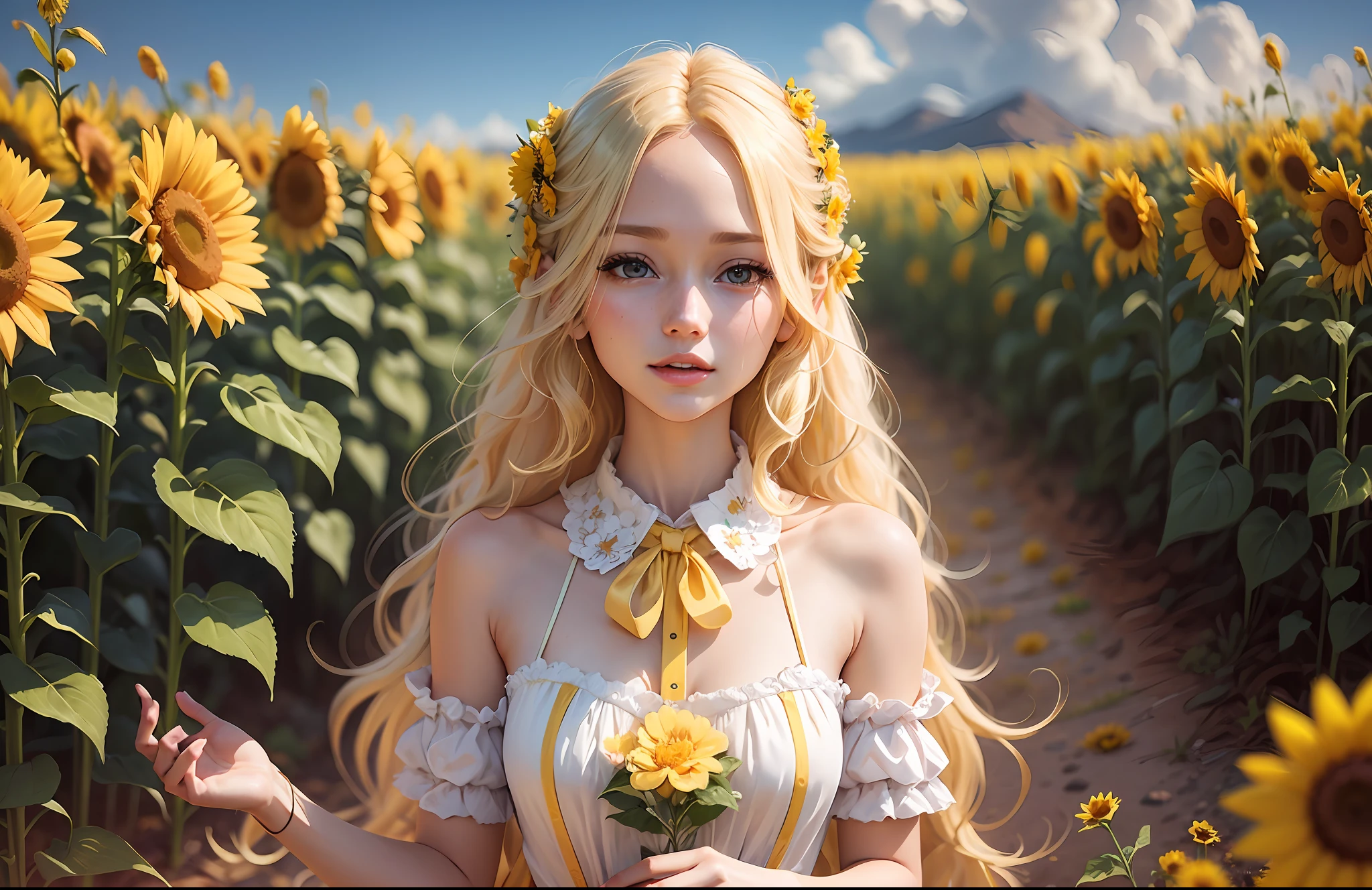 Blonde girl in pink dress standing in a field of yellow flowers, beautiful yellow woman, beautiful digital art, beautiful blonde girl, yellow wavy hair theme, beautiful sunflower anime girl, blonde anime girl with long hair, beautiful beautiful digital art, blonde girl, beautiful digital art, elegant yellow skin, beautiful detailed digital art, blonde goddess, beautiful avatar photos, cute girl model,16k --auto --s2