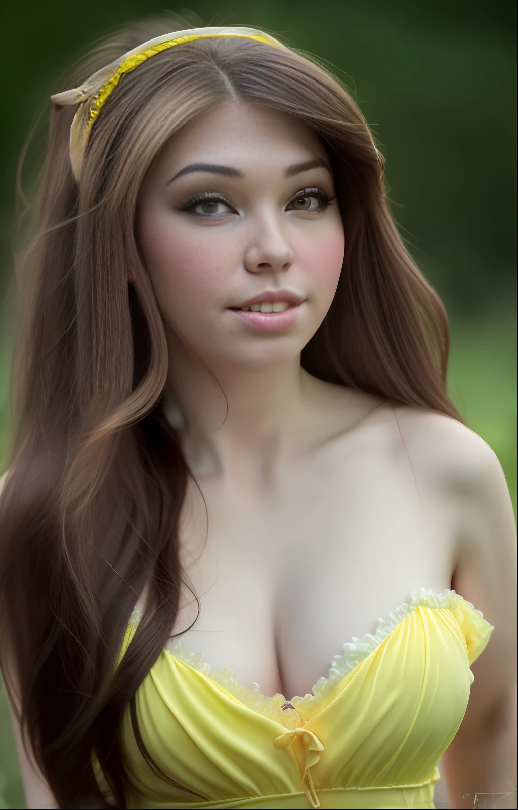 Beautiful (Milalc), Rule of Thirds Photography, Full Body Portrait, Wide View, Bokeh Blur, Photography, Intricate Detail, Intricately Detailed, Hyper-realistic, Cinematic, Atmospheric, Full Body & Face, Full Body y Yellow Dress
