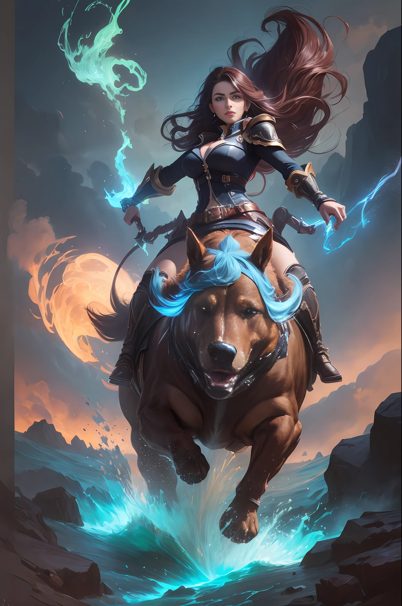 a woman riding a giant Epic-style daschund worthy of League of Legends. An 8k masterpiece with ultra-realistic details, a dynamic perspective and perfect lighting.