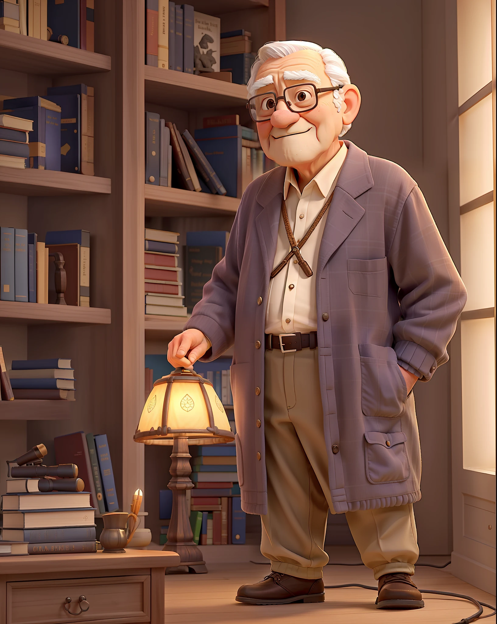 A wise old man standing in front, illuminated by the light of a lamp, against the backdrop of a library