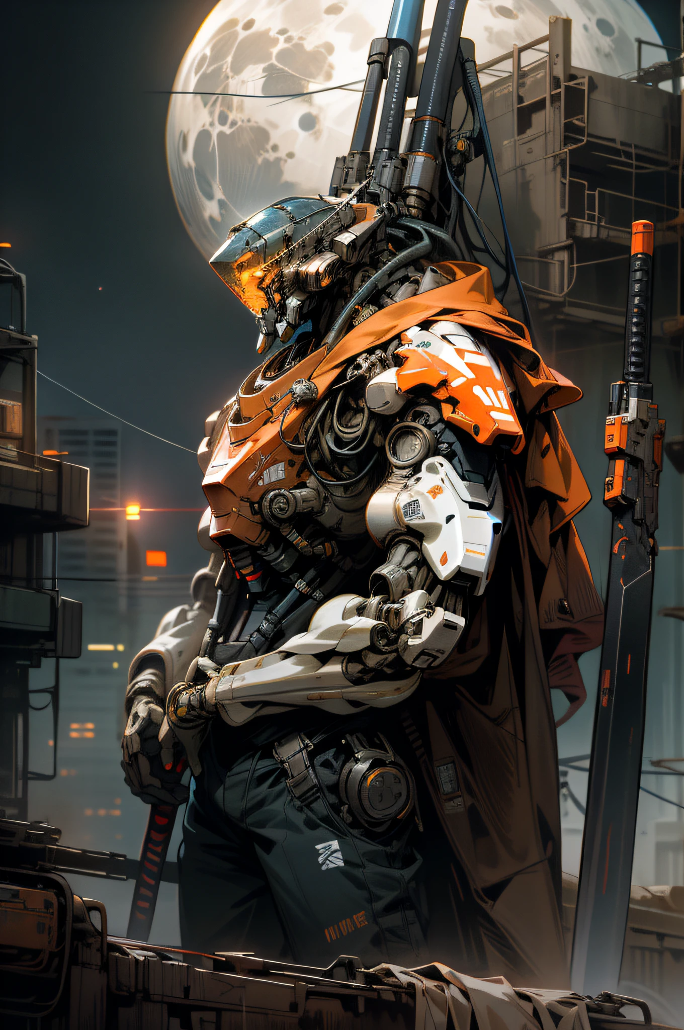 On the moon,barren planets, ruins, holding_weapon, no_humans, glowing, robot, building, glowing_eyes,orange mecha, science_fiction, city, realistic,mecha,Milky Way Galaxy background,neon,cyberpunk,