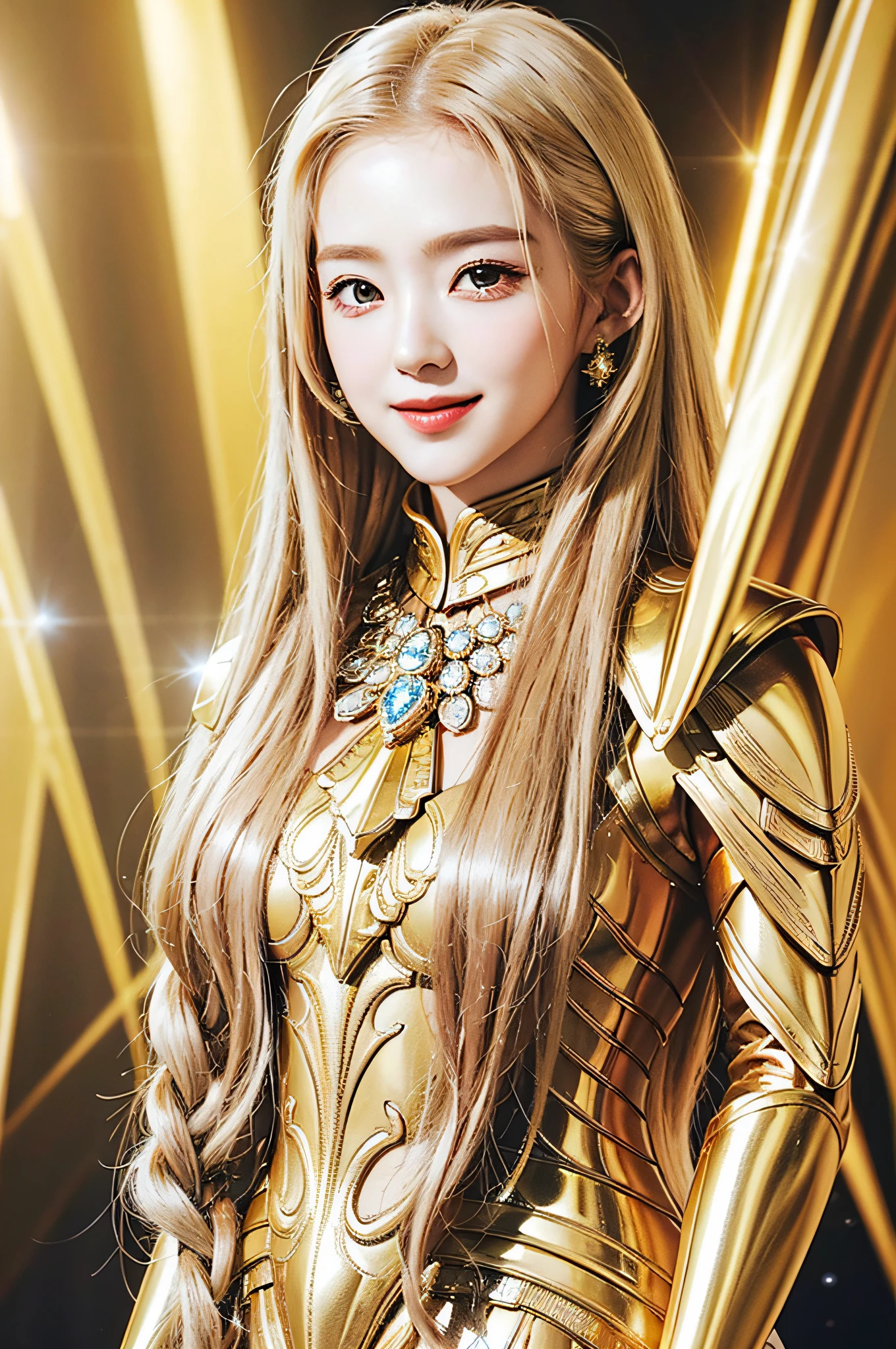 Golden diamond armor, long blonde hair, golden pupils, golden light background, golden transparent wings, diamond texture, smiling, golden eyes, flashing golden notes around, maiden, golden starlight, dazzling