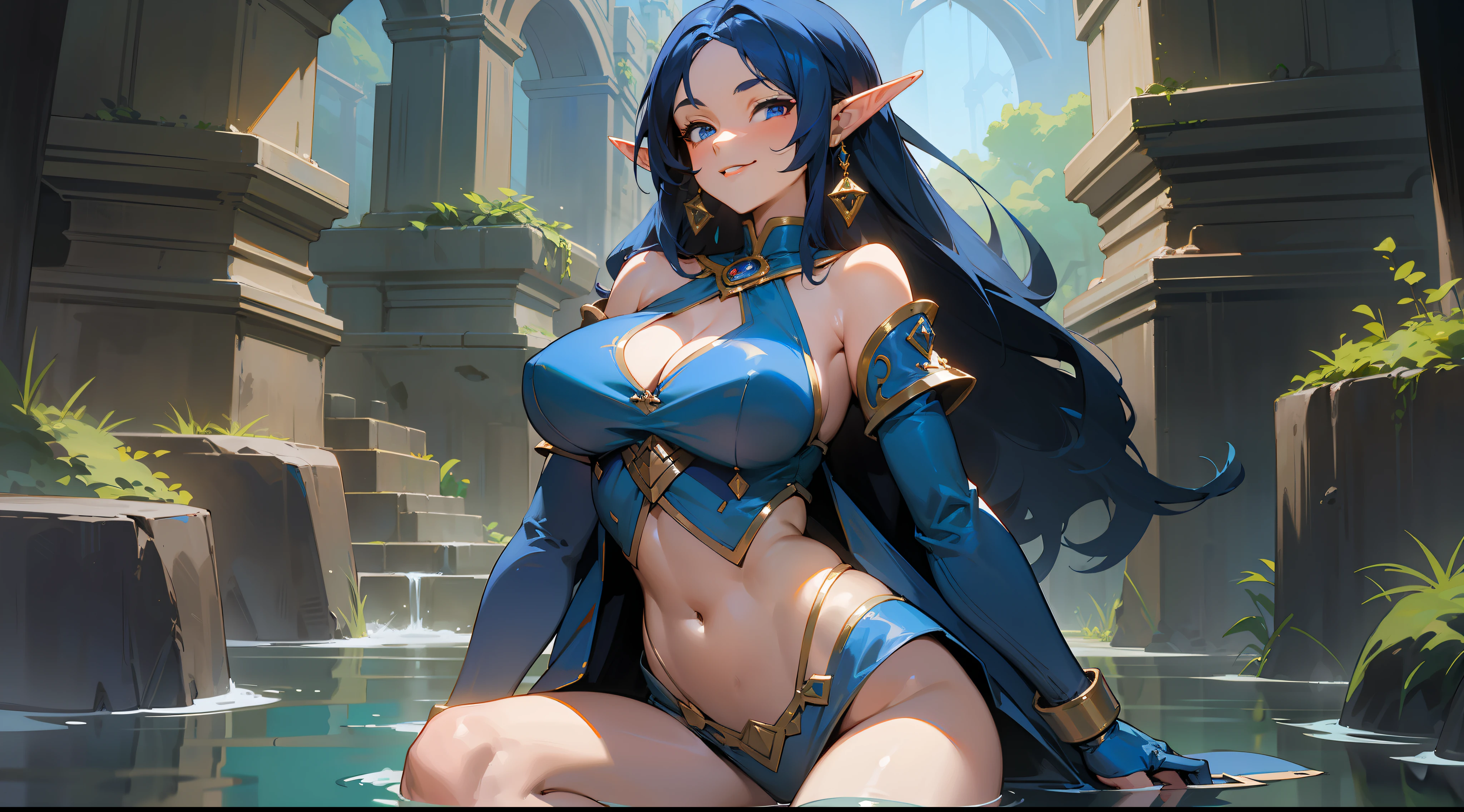 Masterpiece, best quality, mature woman, elf, dark blue hair, 80s, smiling, medium breasts, exposed thighs, exposed navel, exposed arms, bikini, big shoulder pad, gloves, cinnamon height boots, can dynamic, in a stone dungeon, dark, nocturnal setting, fantasy, medieval, manipulating water magic, well detailed brilliance.