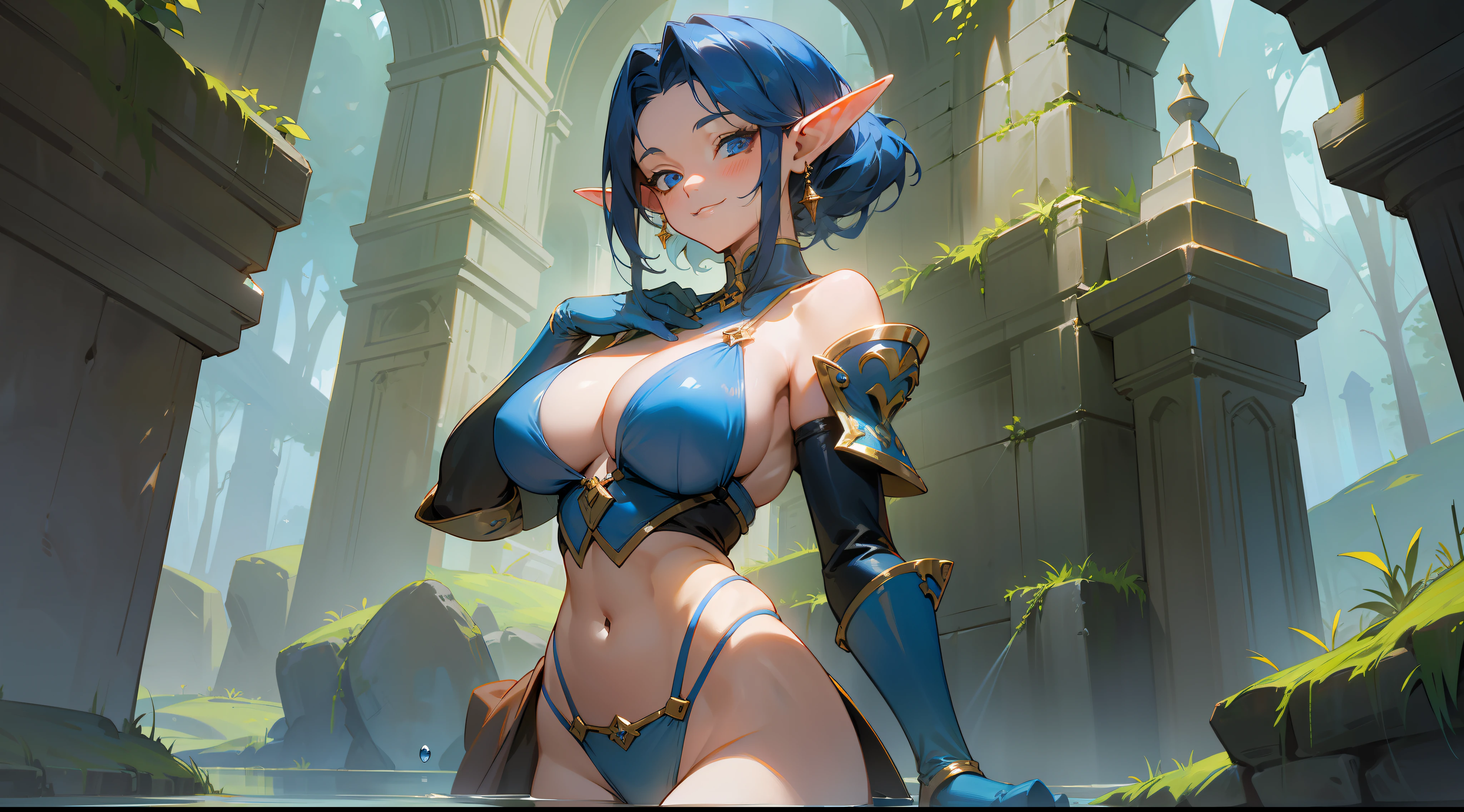 Masterpiece, best quality, mature woman, elf, dark blue hair, 80s, smiling, medium breasts, exposed thighs, exposed navel, exposed arms, bikini, big shoulder pad, gloves, cinnamon height boots, can dynamic, in a stone dungeon, dark, nocturnal setting, fantasy, medieval, manipulating water magic, well detailed brilliance.