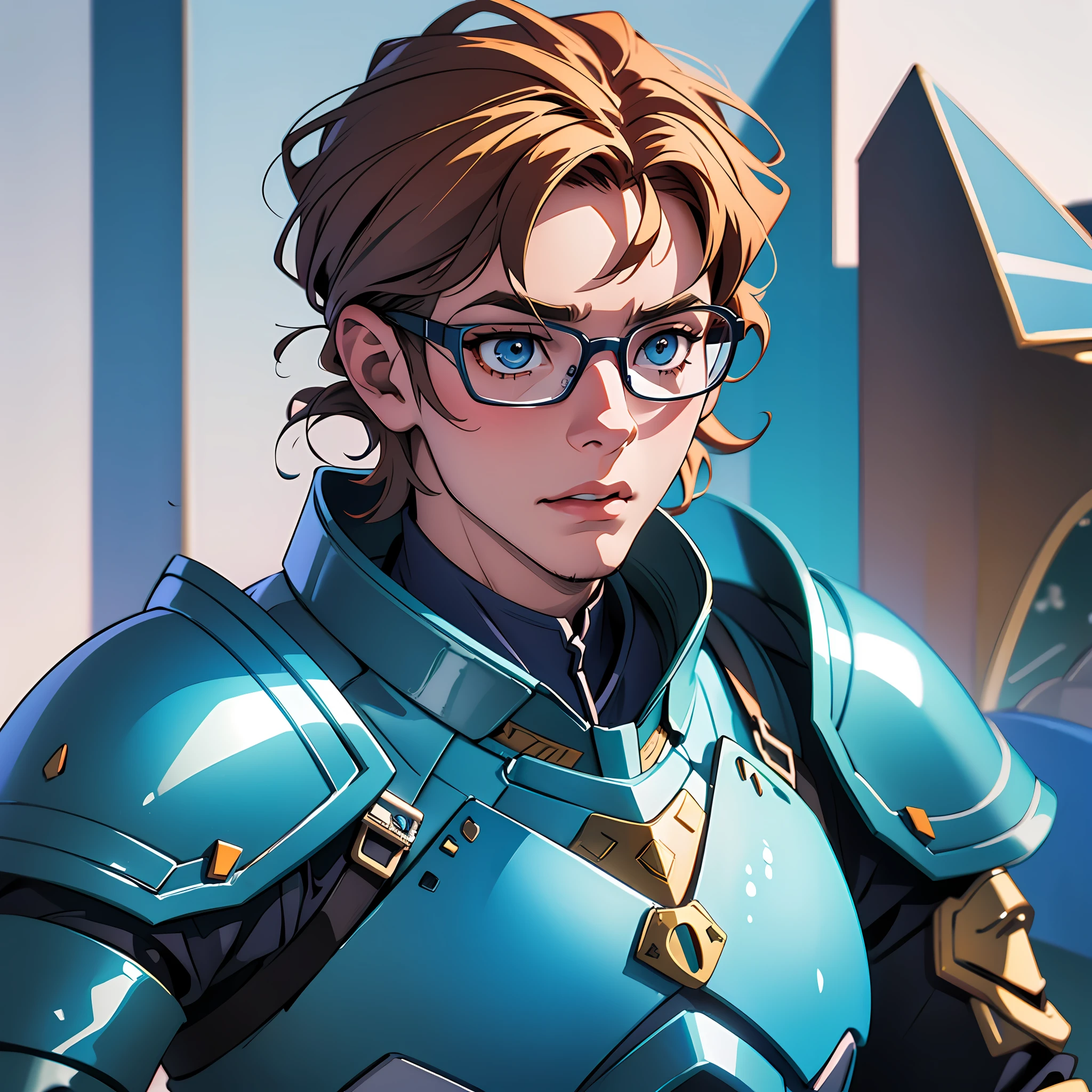 Man with glasses and young, 17 years old, in a blue armor, anime style, realistic lighting, neutral lighting, cinema, photography --auto --s2