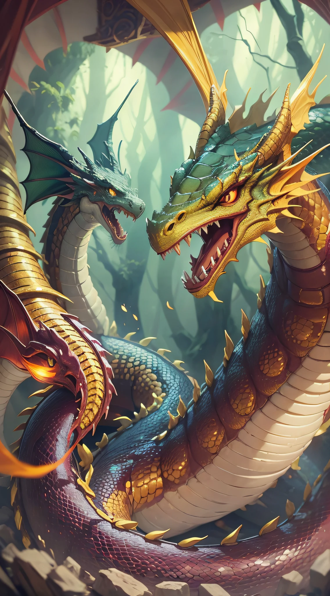 Yellow dragon, fortune is about to come, no arms, no legs, no hands, arms or legs, warm shrine in the background, gentle expression, wriggling dragon, dragon, snake, one dragon, placed in the center
