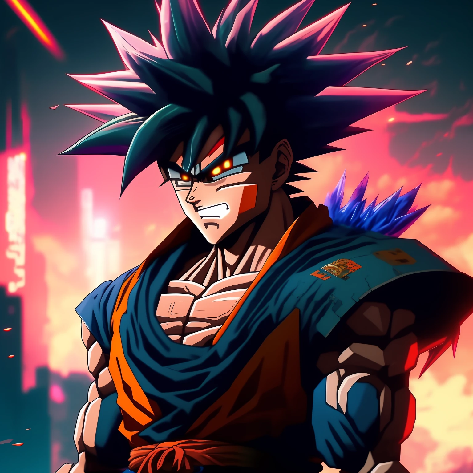 Create a Goku-like character in cyberpunk style