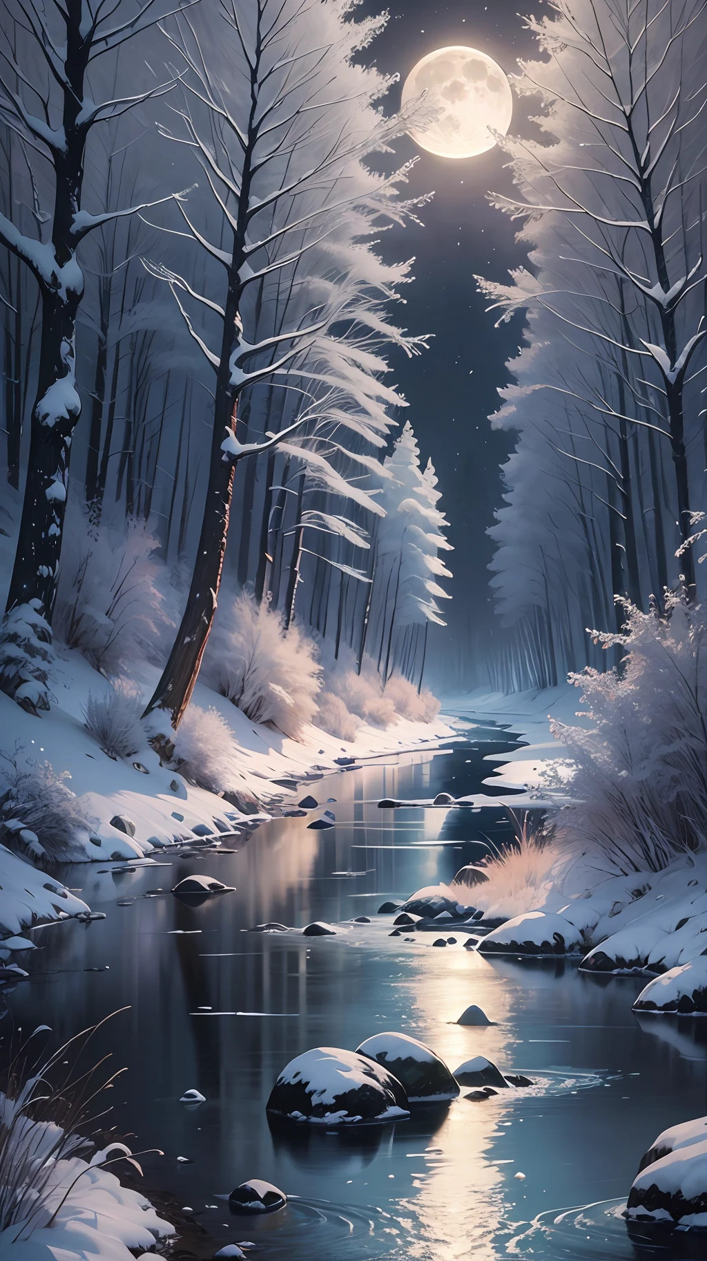 Landscape in cold tones, full moon, river cutting through a forest. --auto --s2