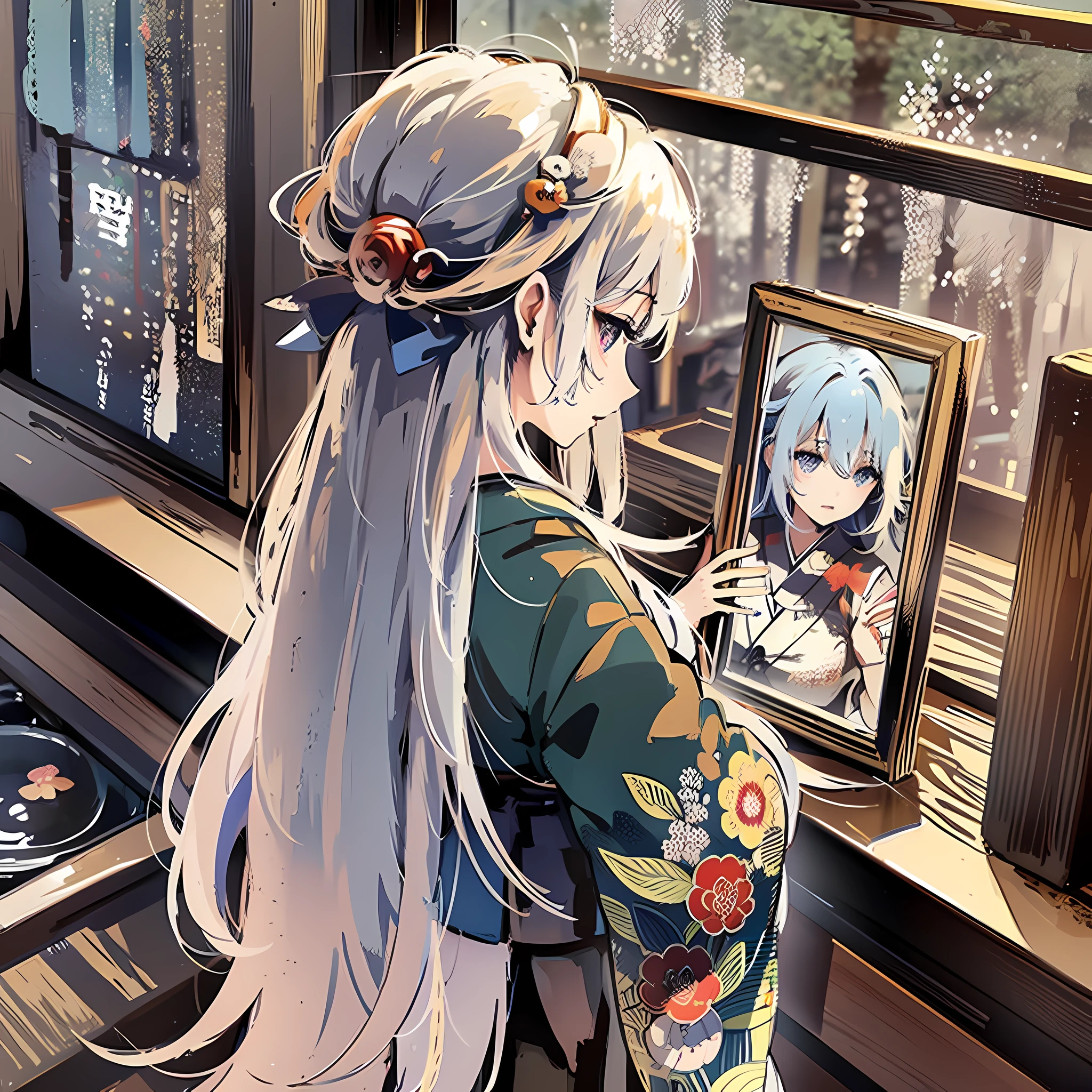 （Tie's hair on the backwhite-haired:2）, Japanese shrine maiden, sacred mirror, serene shrine, hands, gracefully, bind, long flowing hair,(Masterpiece:1.2, high quality), (pixiv:1.4),