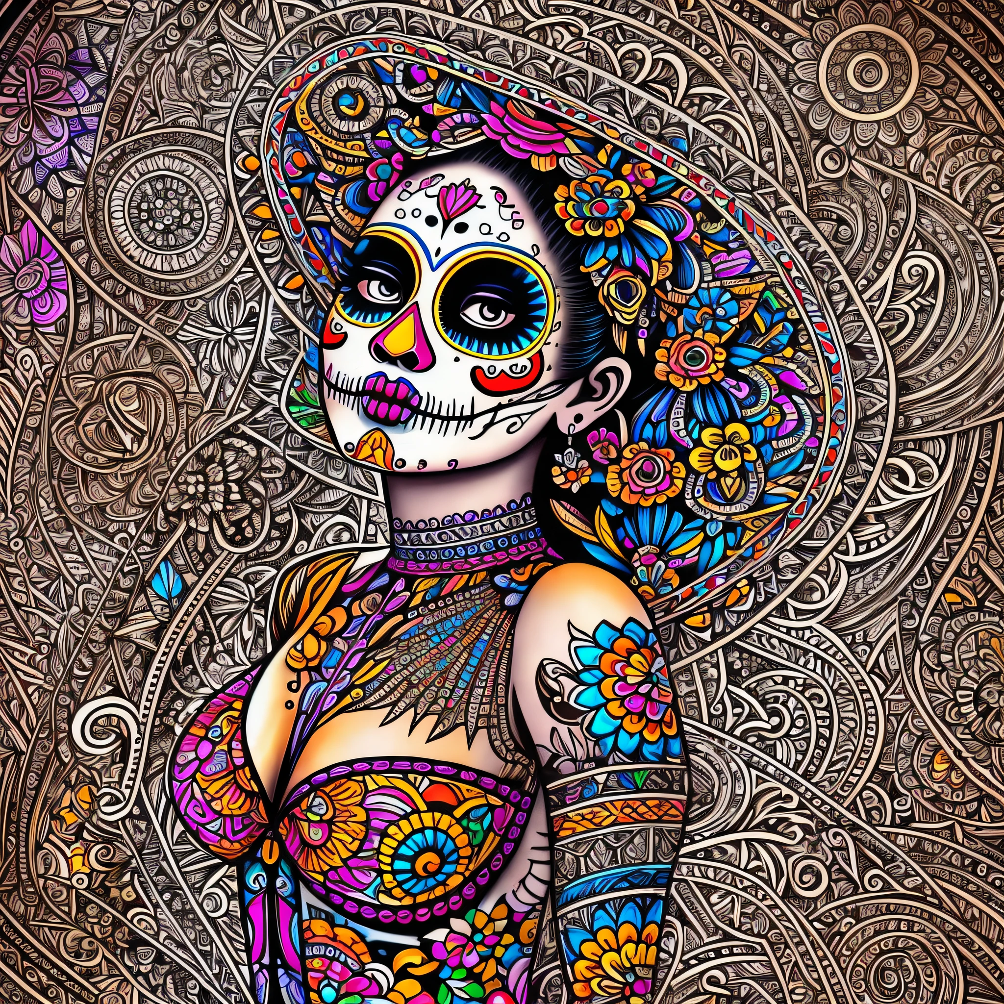 "Elegant Catrina": A highly detailed illustration of Catrina La Muerte, showcasing her intricate and ornate sugar skull makeup, adorned with vibrant colors, delicate patterns, and floral decorations, capturing the elegance and beauty of the iconic Mexican symbol, Surrealism, color field printing, high detail, UHD, 8k, anatomically correct, cinematic lighting 4d quality --auto --s2