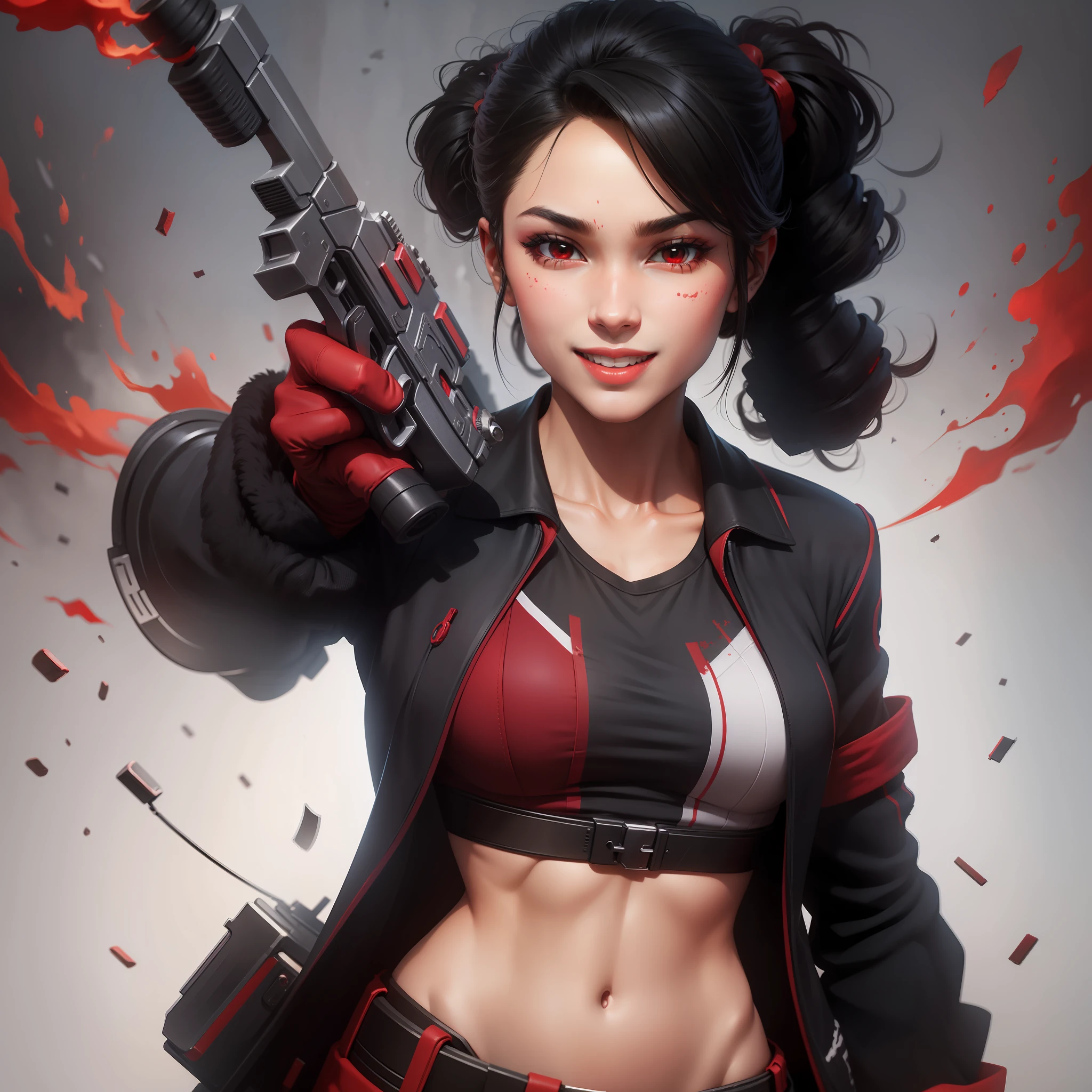 Character doing pose, colors of clothes black i red, beautiful face, happy face, with gun in hand