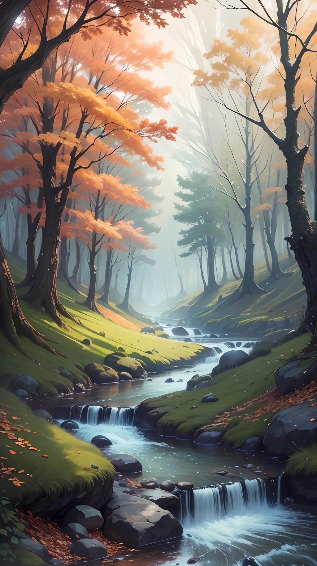 Magical landscape, deer, river cutting through a forest, birds, highest quality, high resolution, realistic, ultra realistic. --auto --s2