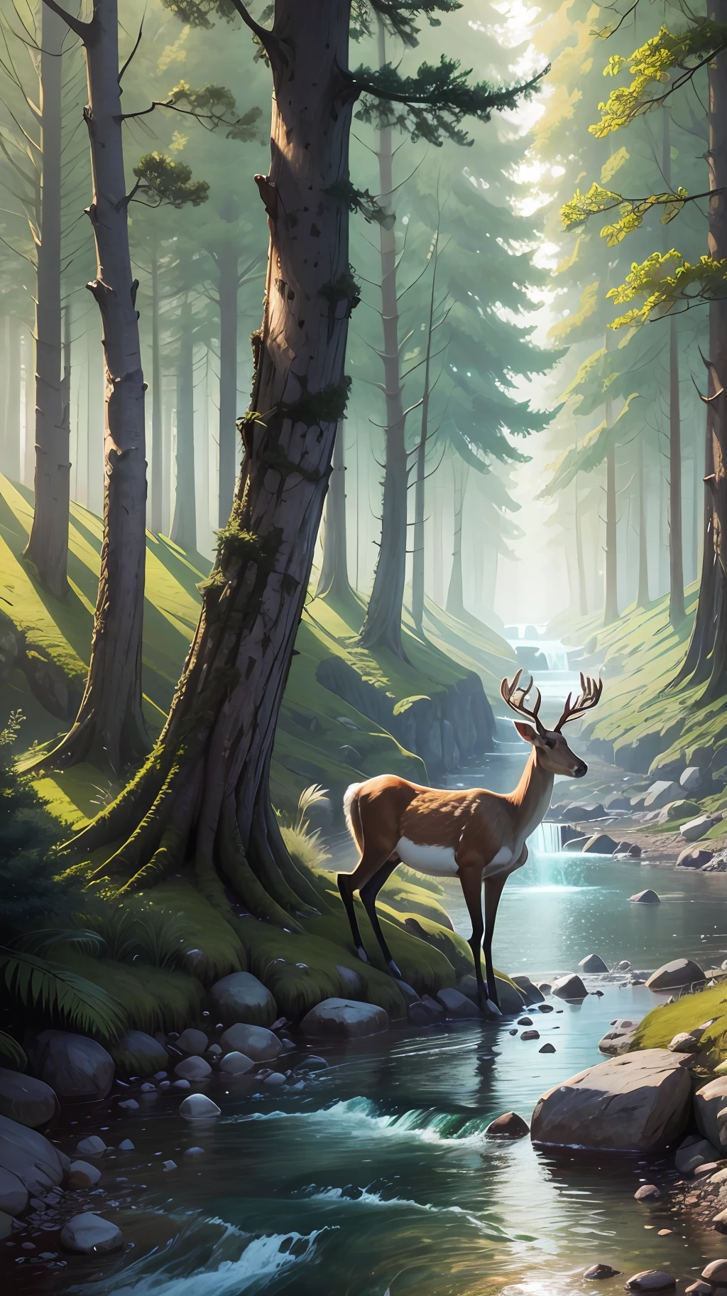 Magical landscape, deer, river cutting through a forest, birds, highest quality, high resolution, realistic, ultra realistic. --auto --s2